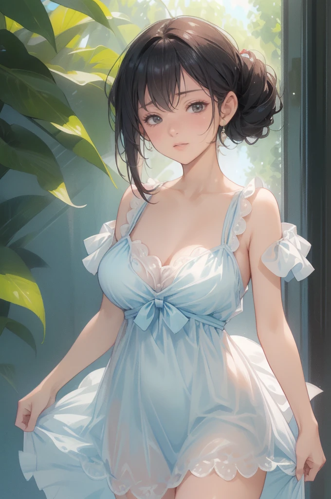 girl, light transparent dress, no bra, sexy dress, short dress, (shiny skin), (small breasts), anatomically correct, ponytail, dark hair, naughty face, highly detailed face, beautiful eyes, shining eyes, standing still, relaxed pose, picture from the upper view, top view, ((ultra 4k)), detailed picture, asian village background