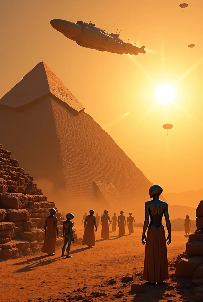 Highly detailed photographic image of a group of aliens building a stepped pyramid