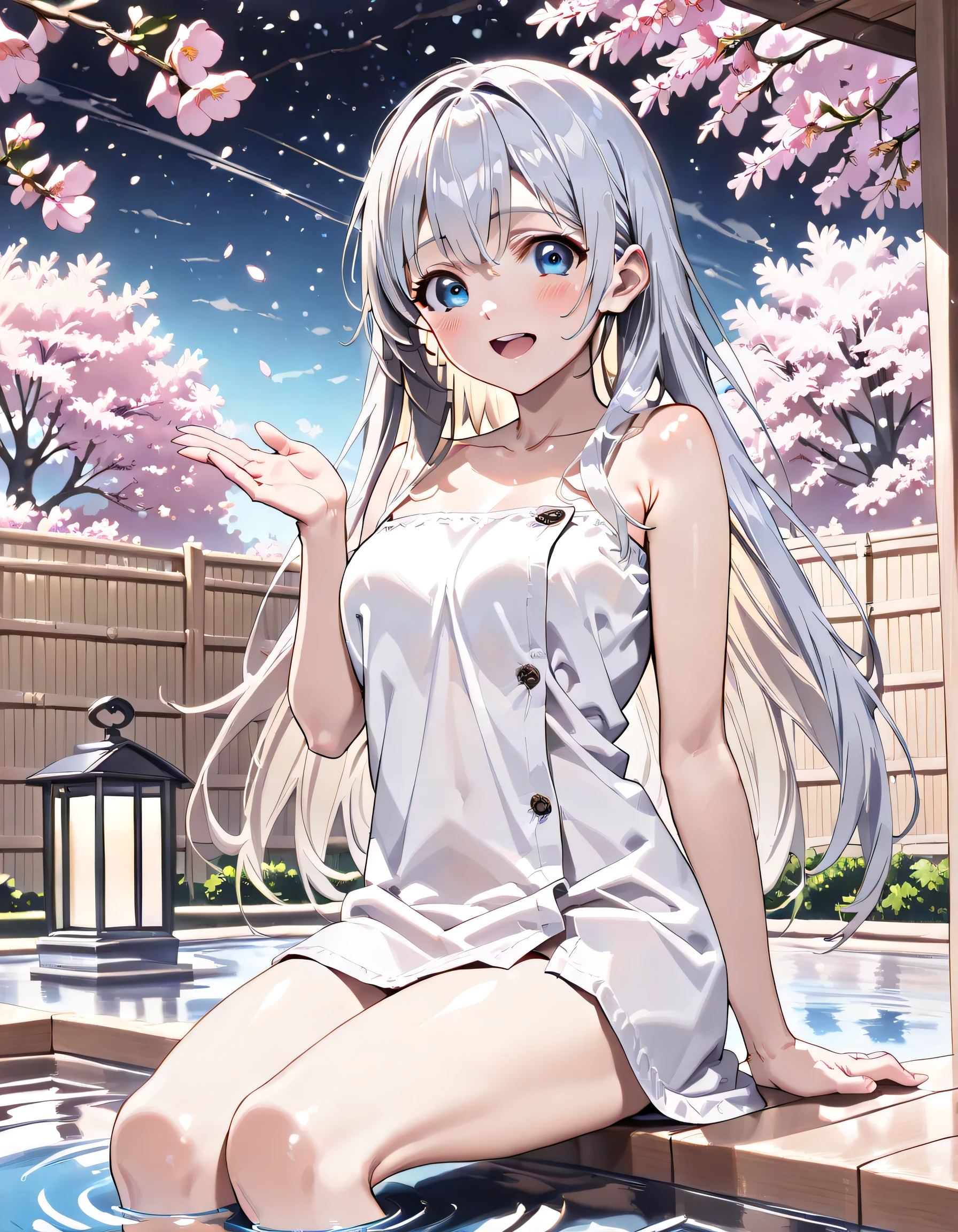 ((ultra-detailed)), (highly detailed CG illustration), (best quality:1.2), ultra-highly detailed, colorful composition, artistic photoshoot, 1girl, solo focus, moe anime character, super popular super idol girl, dainty facial structure, (baby face), (round face), ((rounded chin:1.2)), ((ideal ratio body proportions)), (blue eyes), sparkle eyes, ((silver hair color)), ((long hair)), ample breast, ((soak in the hot springs)), ((smile)), (happy), (joyful), ((open mouth)), ((blush)), ((Hot spring with a view of cherry blossoms in full bloom:1.4)), ((Beautiful blue starry sky)), night, (((Hot spring steam)), from front, best quality, masterpiece, expecting, pink cheek, blush, light pink gloss slip, portrait, depth of field, poured sunlight, sidelighting, (shine), lighting, caustics, ray tracing, perfect face, lustrous skin, highly detailed face, highly detailed eyes, perfect face, perfect nose, perfect hair, perfect eyes, perfect anatomy, beautiful hair, beautiful small face, extremely detailed face, beautiful detailed eyes, beautiful clavicle, beautiful body, beautiful ample breasts, leavage, breasts squeezed together, equalize the size of the left and right breasts, beautiful thin thighs, beautiful legs, beautiful fingers, 4 fingers, 1 thumb, lovely, (very detailed background:1.0), (highly detailed background:1.0), intricate details, winter aesthetic, fun atmosphere in a tourist spot, winter color palette, chromatic aberration