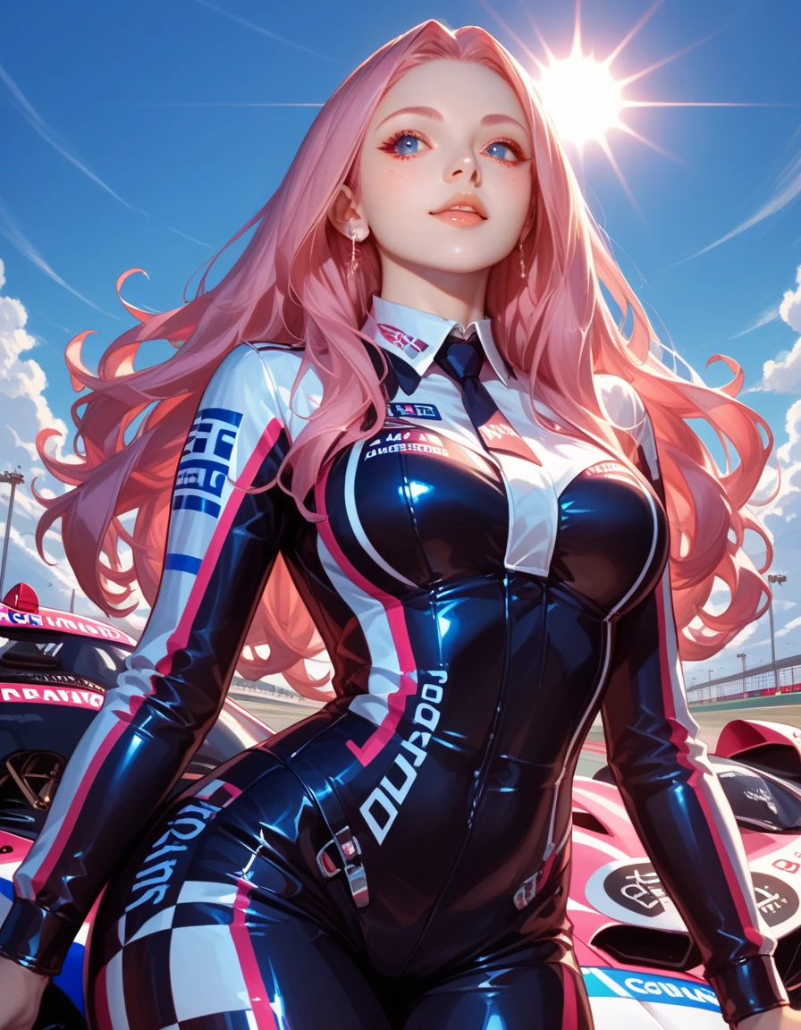 Beautiful racing queen, 20 years old, long wavy pink hair, I'm wearing a tight, shiny racing suit, I'm posing confidently next to a stylish futuristic F1 racing car, vibrant red and black Livery, I'm standing in the foot lane of a sunny race circuit, Checkered flag motif on the background, Dramatic low-angle view from the ground, The camera is slightly tilted for a dynamic perspective, Sun flare in the sky, The wind gently blows her head, (Detailed shading), (high contrast), (Clear Line Work), (bright color), (cinematic lighting), ( ultra-high resolution background )
