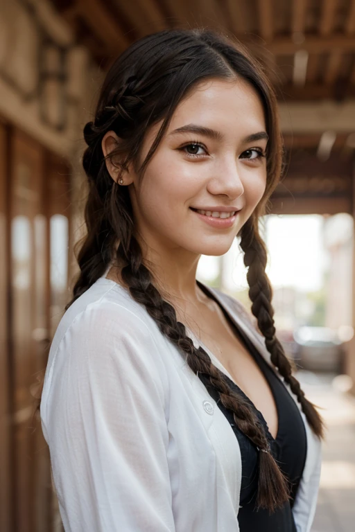 A beautiful girl with long dark hair, half-body portrait, looking directly at the viewer and smiling widely, showing her teeth, with braided hairstyle, black eyes and detailed lips, (best quality, 4k, 8k, highres, masterpiece:1.2), ultra-detailed, (realistic, photorealistic, photo-realistic:1.37), HDR, UHD, studio lighting, ultra-fine painting, sharp focus, physically-based rendering, extreme detail description, professional, vivid colors, bokeh, portrait