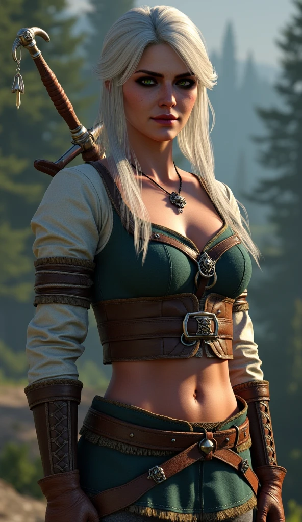 (masterpiece:1.3), (8k, photorealistic, RAW photo, best quality: 1.4), (1girl), (((Ciri from Witcher 3 with huge massive breasts))), overflowing cleavage, buttons straining, breast expansion,beautiful face, (realistic face), beautiful white hair, realistic green eyes, beautiful detailed green eyes, (realistic skin), beautiful skin, (sweater), absurdres, attractive, ultra high res, ultra realistic, highly detailed, golden ratio, deep cleavage, sword hilt, ((facial curved scar left cheek)), ((hilt of sword Zireael)),
