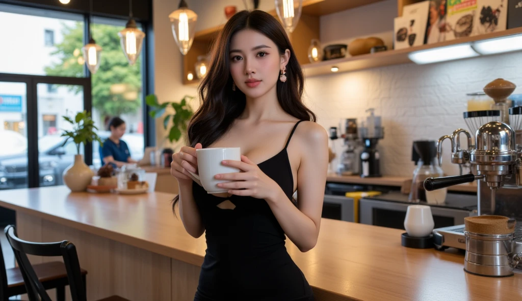 (best quality,highres), A beauty in a Starbucks uniform makes coffee, Big breast、just wearing naked apron、full body, naughty seductive pose, vivid colors,portrait,detailed eyes and face,dark hair,beautiful lips,expressive eyes,natural lighting,smoky eye makeup,curly hair,starbucks branding,coffee machine,morning scene,hot steaming coffee cup,caffeine boost,warm atmosphere,barista style,polished nails,professional lighting,playful expression,intense gaze,aroma of freshly brewed coffee,caffeine addiction,barista skills,aromatic coffee beans,sexy smirk,confident posture,enticing aura