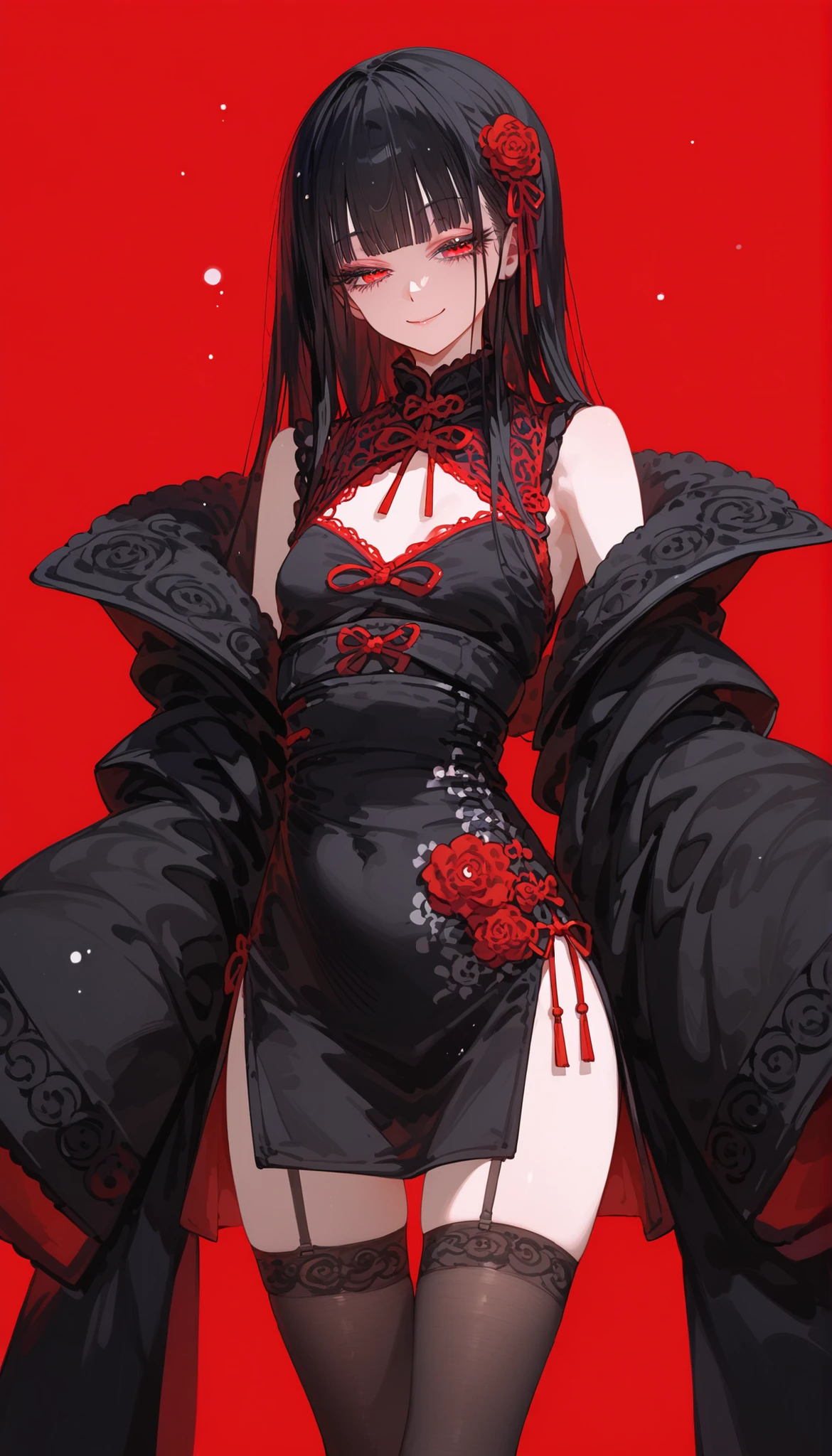 girl,ผมสีดำ,in red eyes,long hair,,Fierce face,Long Eyelashes,Oversized coat, black hair,Kimono , gothic lolita , half eyes,smile,milf,Small Breasts, turtleneck ,Slim legs,sit,Black Stockings,รองเท้าJapan,Tights,standing,red background,Ink drop, Sweater,ชุด gothic lolita ,Japan,....,Chinese dress,