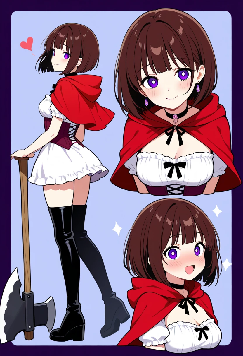 absurdres, highres, ultra detailed, <lora:ErikoFinalFinalFix-000020:0.9> eriko, brown hair, medium breasts, bob cut, blunt bangs, red dress, red capelet, black bra, fur trim, (black elbow gloves:1.1), gauntlets, looking at viewer, expressionless, peeking out upper body, <lora:peeking_out_upper_body_pruned:1>, outdoors, winter, snow, snowing, village, wooden building, <lora:eye_opening_v2.0:-1>