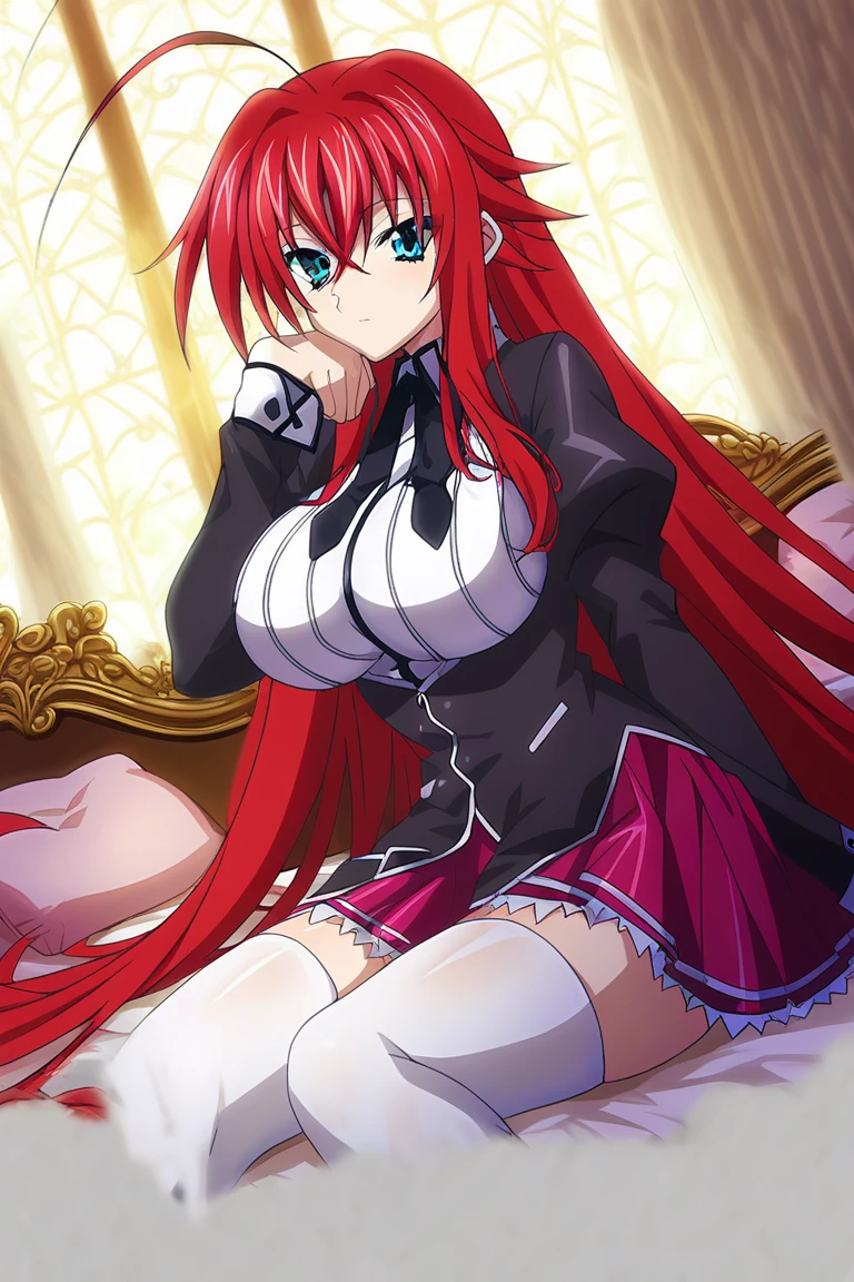 sysdeep_rias, 1girl, solo, long_hair, looking_at_viewer, open_mouth, blue_eyes, large_breasts, hair_between_eyes, very_long_hair, wearing a black top_body, ahoge, red_hair, pleated_skirt, sitting, socks, red_skirt, white_socks, huge_ahoge, sex with black guy