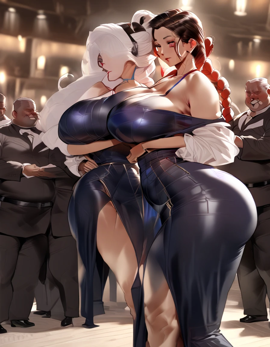 cutie hairstyle,blond hair Silver hair,(((two girls))),(Heavy breathing,saliva, sweat, Sweaty and wet all over,),lovejuice is dripping from the crotch,(very huge breasts and buttocks),Smiling,(Sexy dancer costume,),on live stage,side View,Looking at Viewer,((Two beautiful girls are pole dancing, one leg raised high,))fucked silly, sexual ecstasy,orgasm,