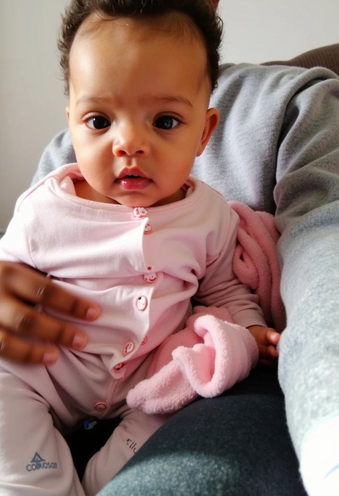 there is a baby sitting on a black chair with a pink shirt, babies in her lap, sitting on chair, sitting in chair, beautiful cute, intense expression, innocent face, very very low quality picture, sitting in a chair, taken with sony alpha 9, cute beautiful, riyahd cassiem, nivanh chanthara, innocent look, potrait