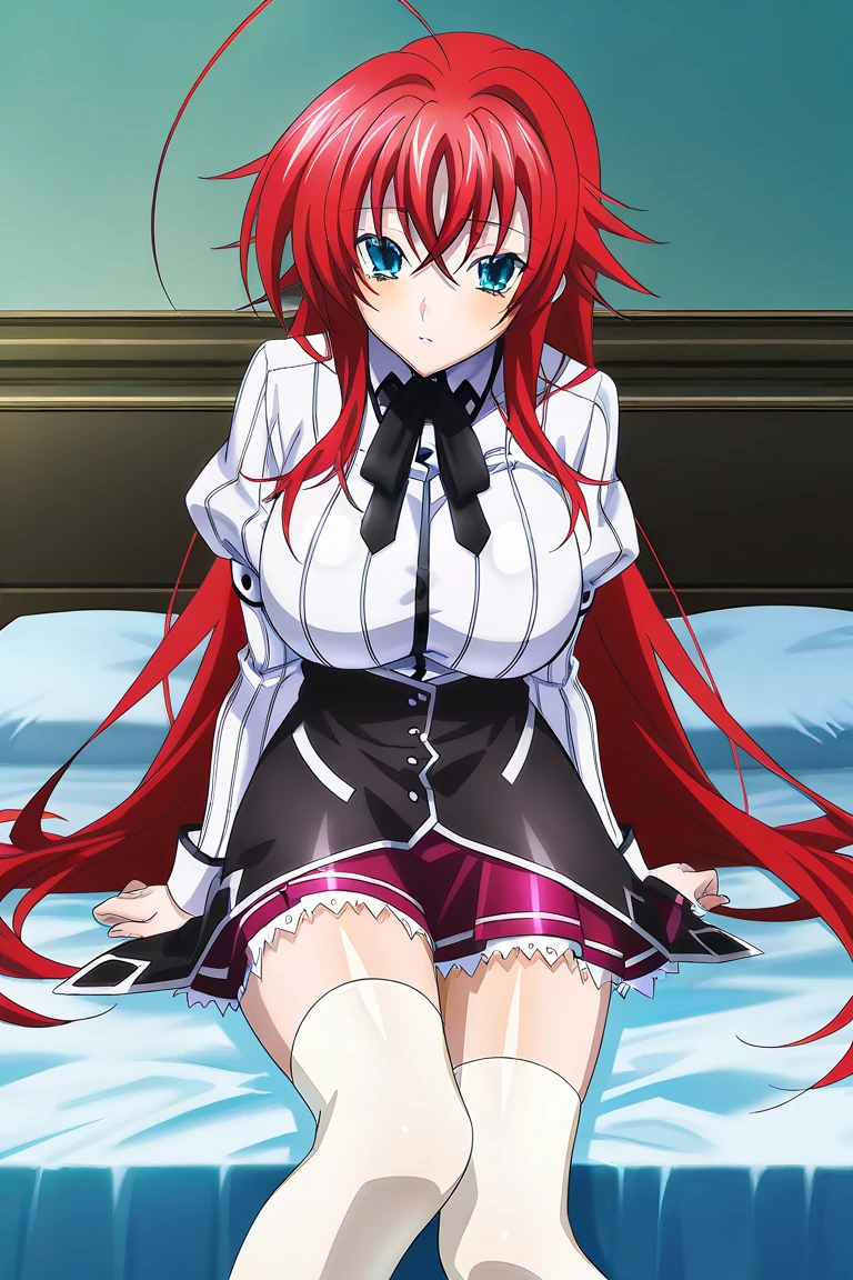 masterpiece, best quality, high quality, highres, outdoors, day, upper body, looking at viewer, solo, focused, BREAK, ANIME_DxD_Rias_Gremory_ownwaifu, 1girl, bangs, long hair, red hair, breasts, large breasts, rias gremory, blue eyes, hair between eyes, very long hair, collarbone, hair intakes, hair over breasts, black capelet, black corset, collared shirt, kuoh academy , layered skirt, underbust, , skirt, shirt, long sleeves, purple skirt, ribbon, miniskirt, neck ribbon, thighhighs, black ribbon,