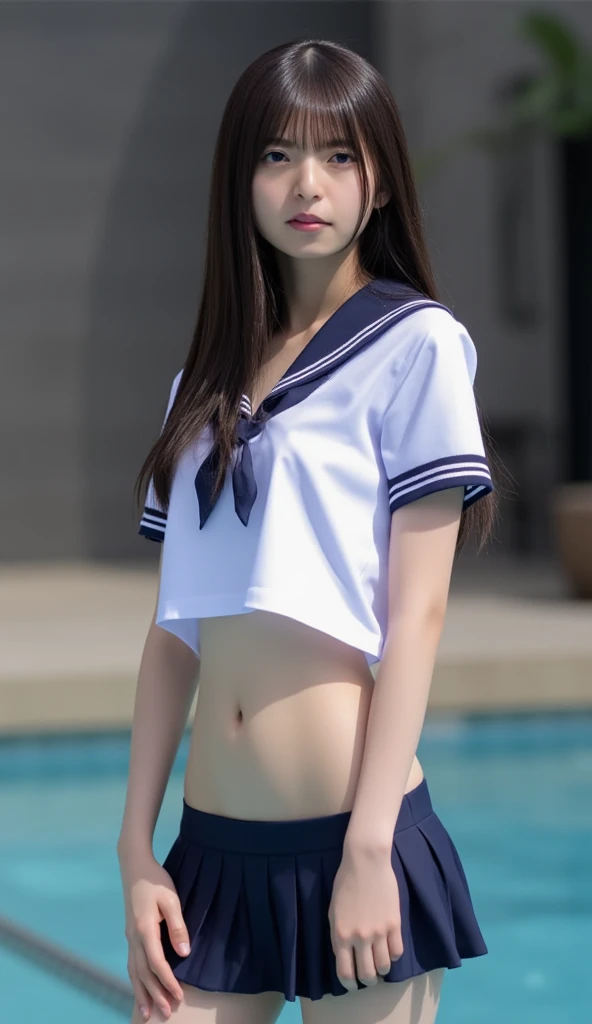 (highest quality、4k、8k、High resolution、masterpiece: 1.2)、Super detailed、(Real、Photorealistic、Photorealistic: 1.37)、Beautiful young woman、High Tech City、Shining neon lights、((Sailor suit:1.35))、ICharacter balance、Standing split pose、Lift your right leg above your head, hold it with your right hand, and balance on your left leg.:1.6、