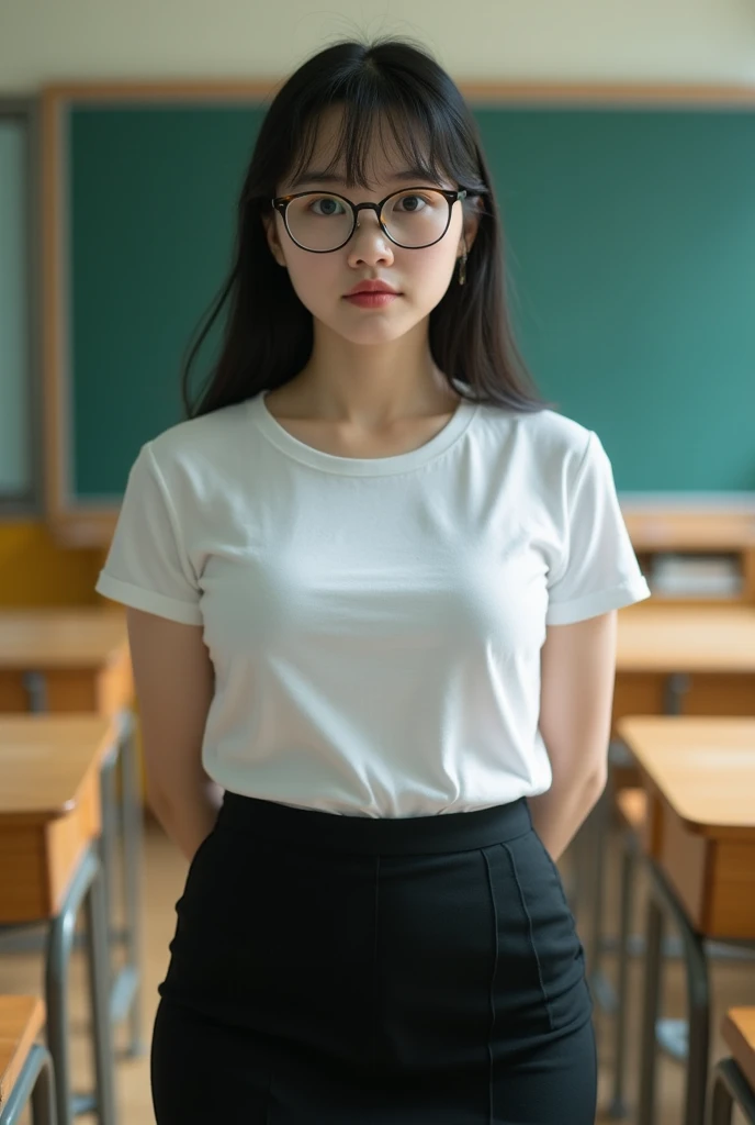 ((Masterpiece)), (highest quality))), An 18-year-old girl in a Korean school classroom, she is wearing black leggings that highlight her nice thighs and butt, and a tight white Nike top that increases the size of her breasts. She has long black hair with bangs, is Korean, and wears round silver glasses.