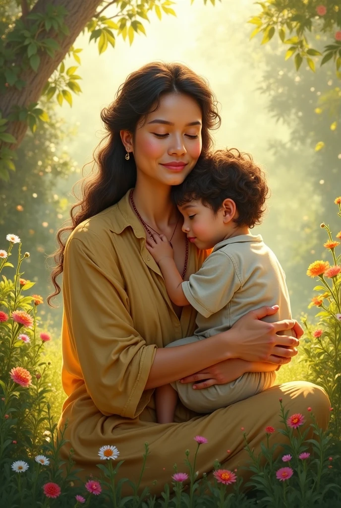 Lady who does not have gray hair with a cane and a baby in her arms