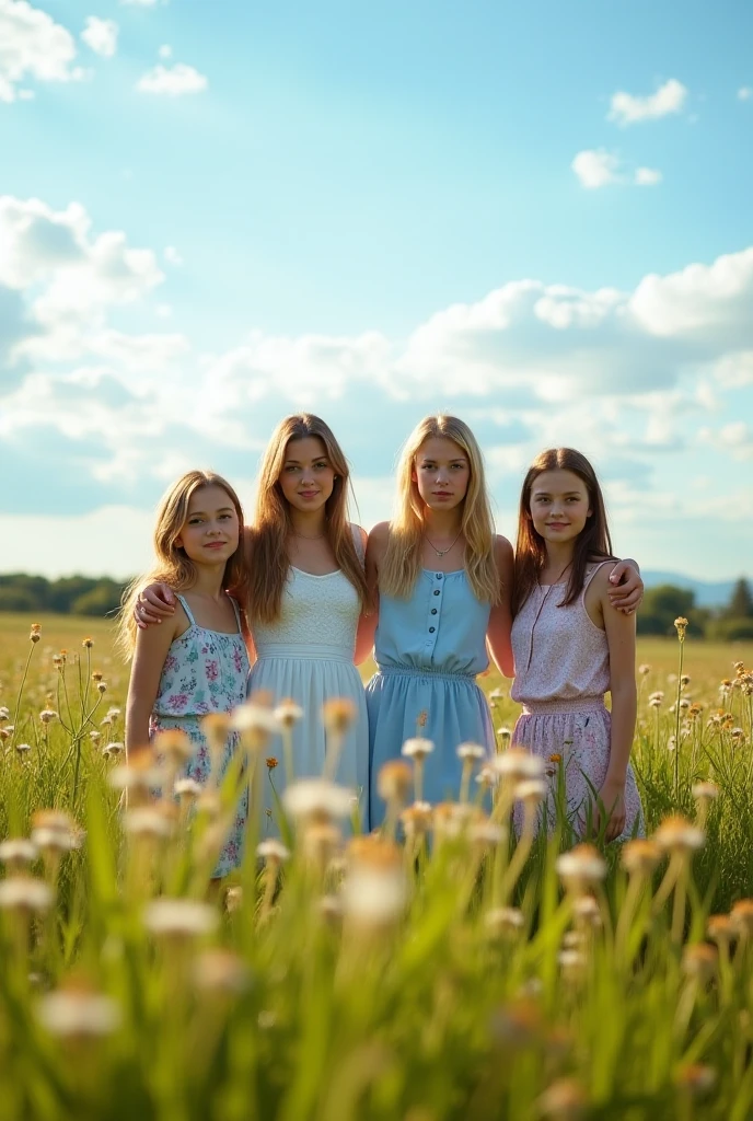 3 girls Russian children with 10 years old, WITH LONG STRAIGHT HAIR blonde, PORTRAIT STYLE, with sunglasses.