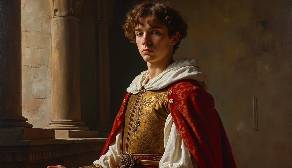 This painting, in renaissance style, depicts a young boy with a serious expression and penetrating gaze. Her short, brown hair frames an angelic face., revealing a countenance of purity and nobility. He wears a white tunic adorned with red and gold details., reminiscent of ancient Roman costumes, suggesting a high status or historical figure. The background is softly blurred, typical of Renaissance works, highlighting the central figure and giving a sense of depth. Subtle, natural lighting highlights the boy's delicate features and the rich texture of his clothes., evoking the ability of Renaissance masters to capture human essence and dignity.