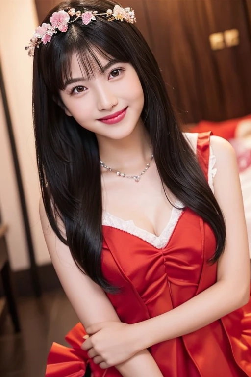 An arafi woman wearing a red dress holding a wallet and smiling, gorgeous chinese model, Photographed with Canon EOS R6, wearing red cheongsam, Yoshitomo Nara, Shahi, Summer all over the body, Photographed with Canon EOS 5D mark iv, Photographed with Canon EOS 5D, Photographed with Nikon Z9、Super detailed, 1 girl, Asian, slim athletic body, realistic skin texture, long hair, (chest:1.0), smile, look at the audience, One Piece Tight Dress, Velvet dress, movie lighting, face focus, fine eyes, detailed face, Bright face, Sitting in a hotel room