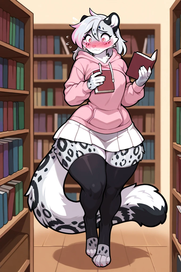 By zinfyu,by twistedscarlet60, uploaded on pixiv, by fluff-kevlar, (masterpiece), (best quality), (solo female:1.2), (extremely detailed:1.3),(detailed eye,black circle on eye,pink eye), lycanroc midnight, view on viewer, close view, shy face, half body on potrait, only body and head, close view, closeup photo of lycanroc, wearing casual dress,perfect circle of breast,tight clotches,camera angle from botom, in library, siting, table, reading book