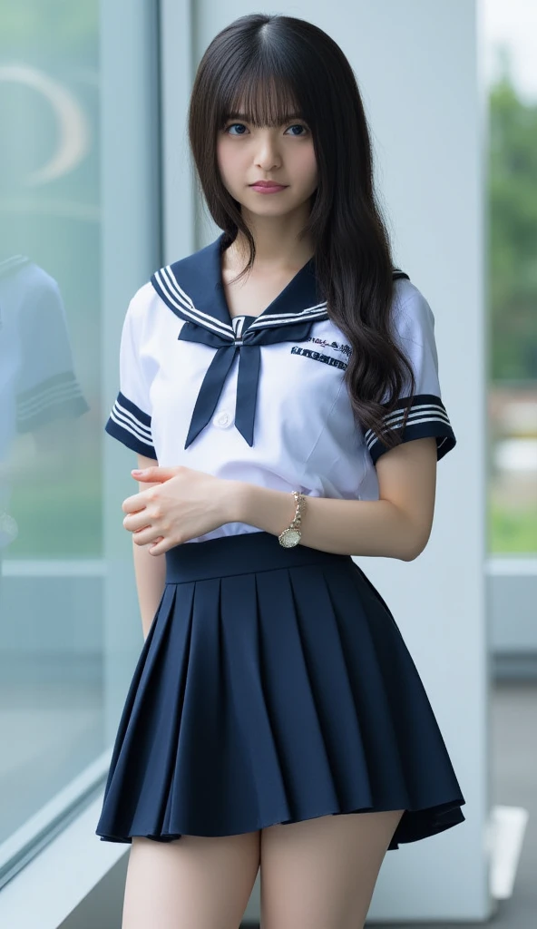 (masterpiece, highest quality:1.2), 8K, Young beautiful girl, 85mm,Official AR RAW Photos, Baby Face、Clothed Big Tits、Show me your ears、photo shoot, Cute face, Thighs, Classroom after school, Watching the audience, Embarrassing、smile、No makeup, Film Grain, chromatic aberration, Sharp focus, Face Light, Clear lighting, Ten generations, Detailed face, Background bokeh、((((((16-year-old high school girl))))))、Narrow waist、Sailor suit、Navy blue mini skirt、Lift up your skirt with one hand'hand、White tiny panties、Wet、Spread your legs