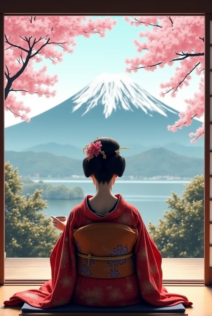 A geisha in the tea ceremony and has the window open and a cherry blossom tree visible and Mount Fuji at the window