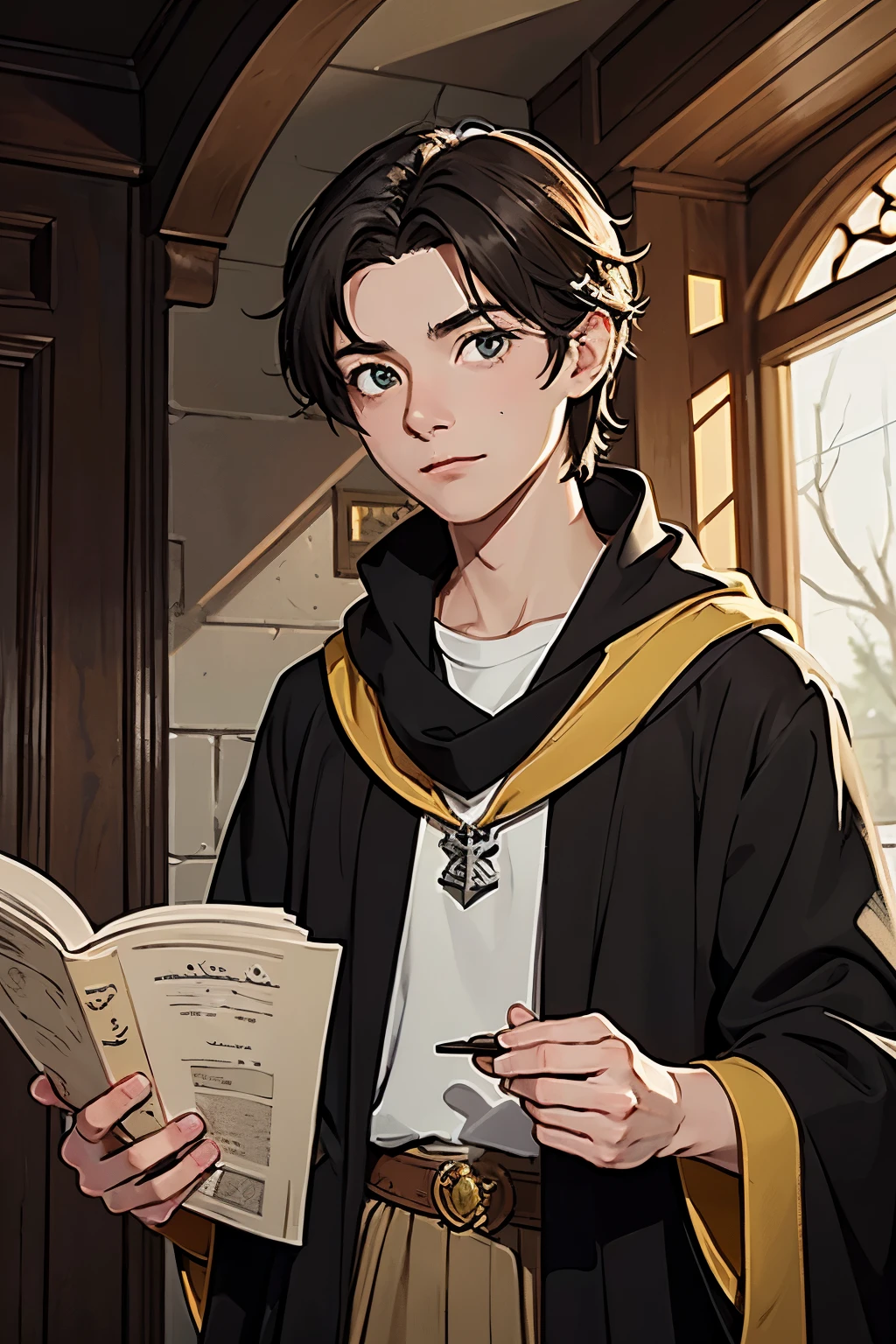 A young male wizard from the Hufflepuff house at Hogwarts, styled in anime/manga art. He has pale skin, bright green eyes filled with curiosity, and tousled dark brown hair. He wears a slightly messy Hogwarts uniform with a yellow and black Hufflepuff scarf loosely wrapped around his neck. A small silver magical mouse peeks out from his robe pocket. He holds a wand made of walnut wood with a faint magical glow at the tip, and a worn yellow notebook titled “Grimoire of Tests” under his arm. His expression is cheerful and inquisitive, standing confidently in a mysterious corridor of Hogwarts with soft magical light around him. Dynamic anime lighting, magical particles floating in the air, cinematic atmosphere.