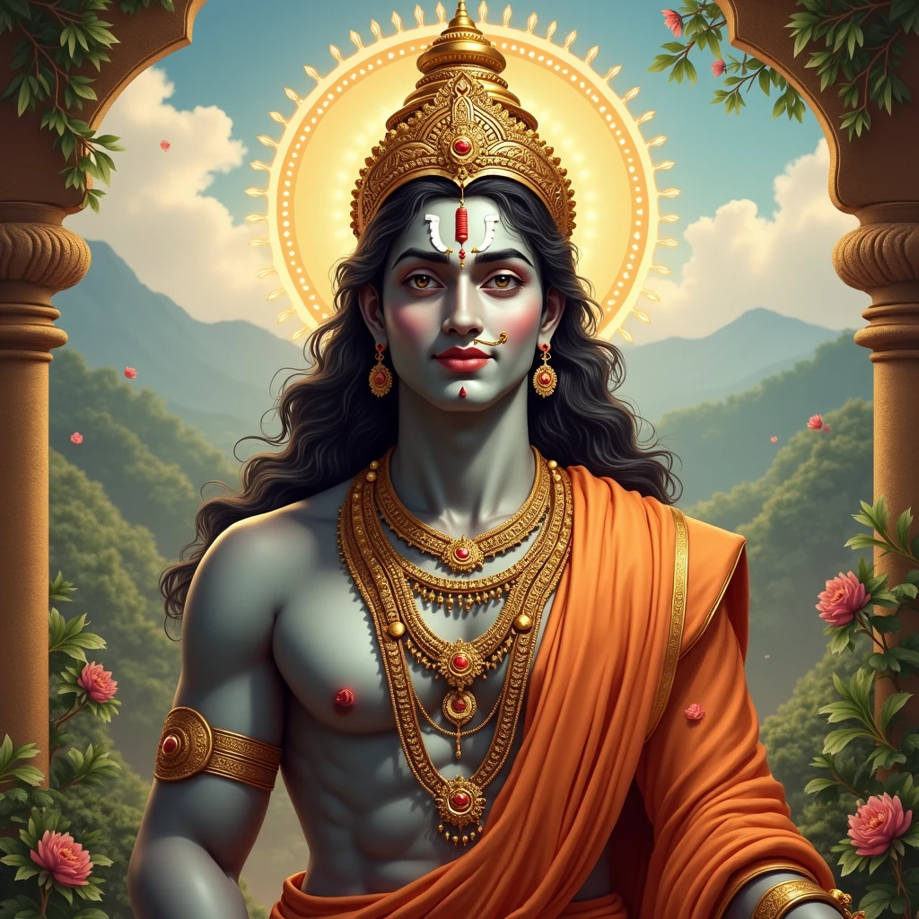 Smiling Lord Shiva wearing yellow  dress and  background must have red and there have raktachandan tree