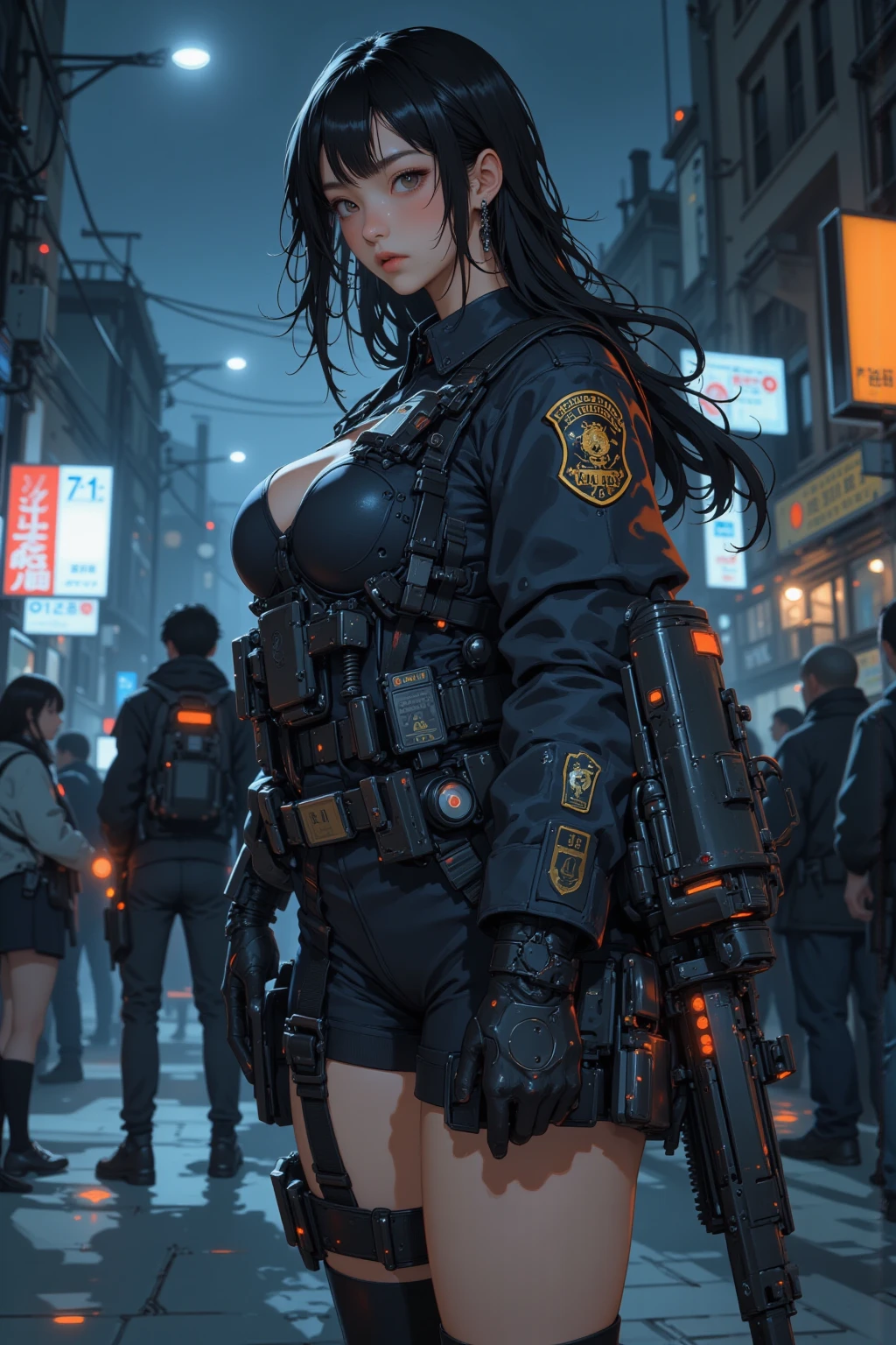 Absurd resolution, high resolution, (masterpiece: 1.4), hyper-detail, 1 woman, black hair, extremely large bust, huge breasts, fullbody covering pilot utility suit, padded high collar techwear jacket, fitted utility pants, near future scifi, cyberpunk asethetic, anime aesthetic