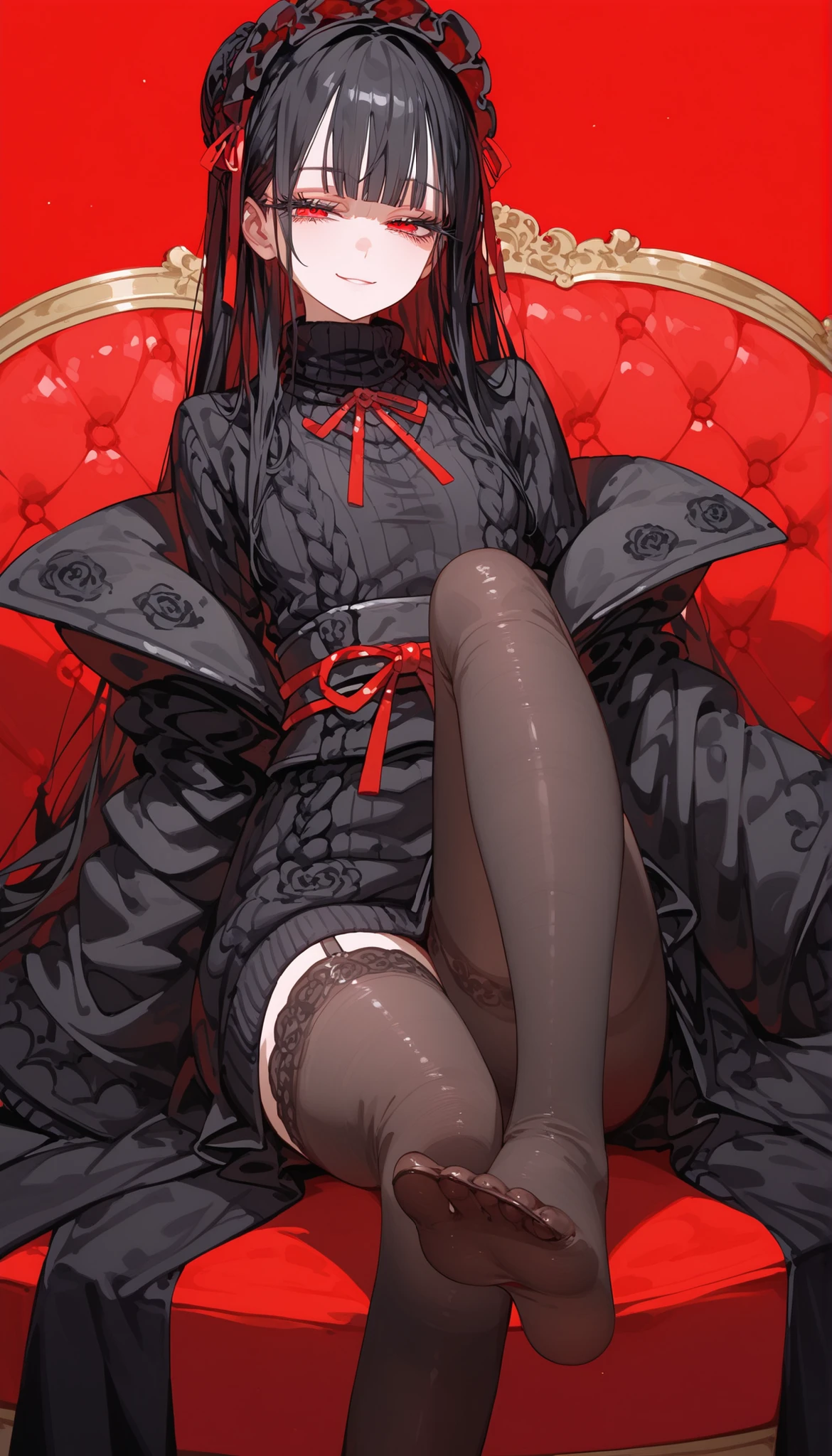 girl,ผมสีดำ,in red eyes,long hair,,Fierce face,Long Eyelashes,Oversized coat, black hair,Kimono , gothic lolita , half eyes,smile,milf,Small Breasts, turtleneck ,Slim legs,sit,Black Stockings,รองเท้าJapan,Tights,กำลังsit,red background,Ink drop, Sweater,ชุด gothic lolita ,Japan,....,,sofa,Black kimono,Foot Show,