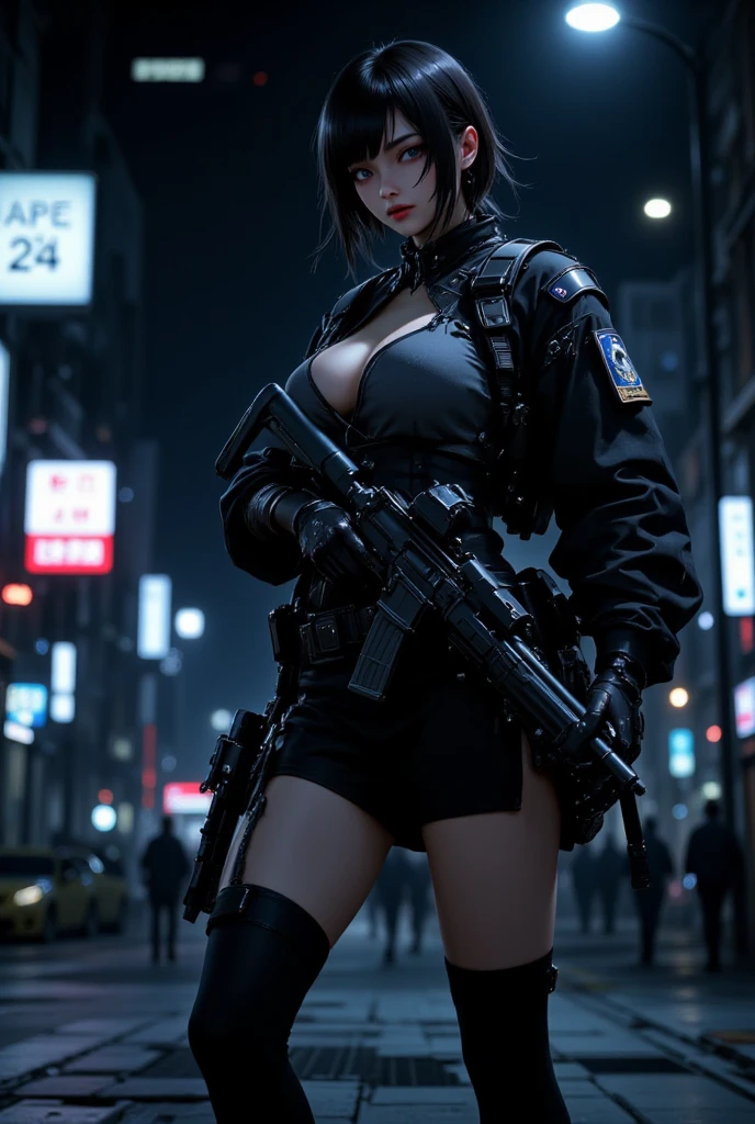 (Wide angle view). Blade Runner style futuristic city, simple outlined neon tall buildings, glowing giant clock tower, flying cars, helicopter, lightning, 3D rendering Beeple. At night, (1girl, solo, alone), photorealistic, medium-breast slim:0.6 body, oval:0.5 face, cleavage:1.1, sexy black laced bra, glove, deep-V, (very low angle view of miniskirt), white laced panty, coat, (Matrix style black micro sunglasses), ((aiming viewer with a short gun)), (running pose), (half-body thigh level close-up shot), cinematic lighting, ray tracing.