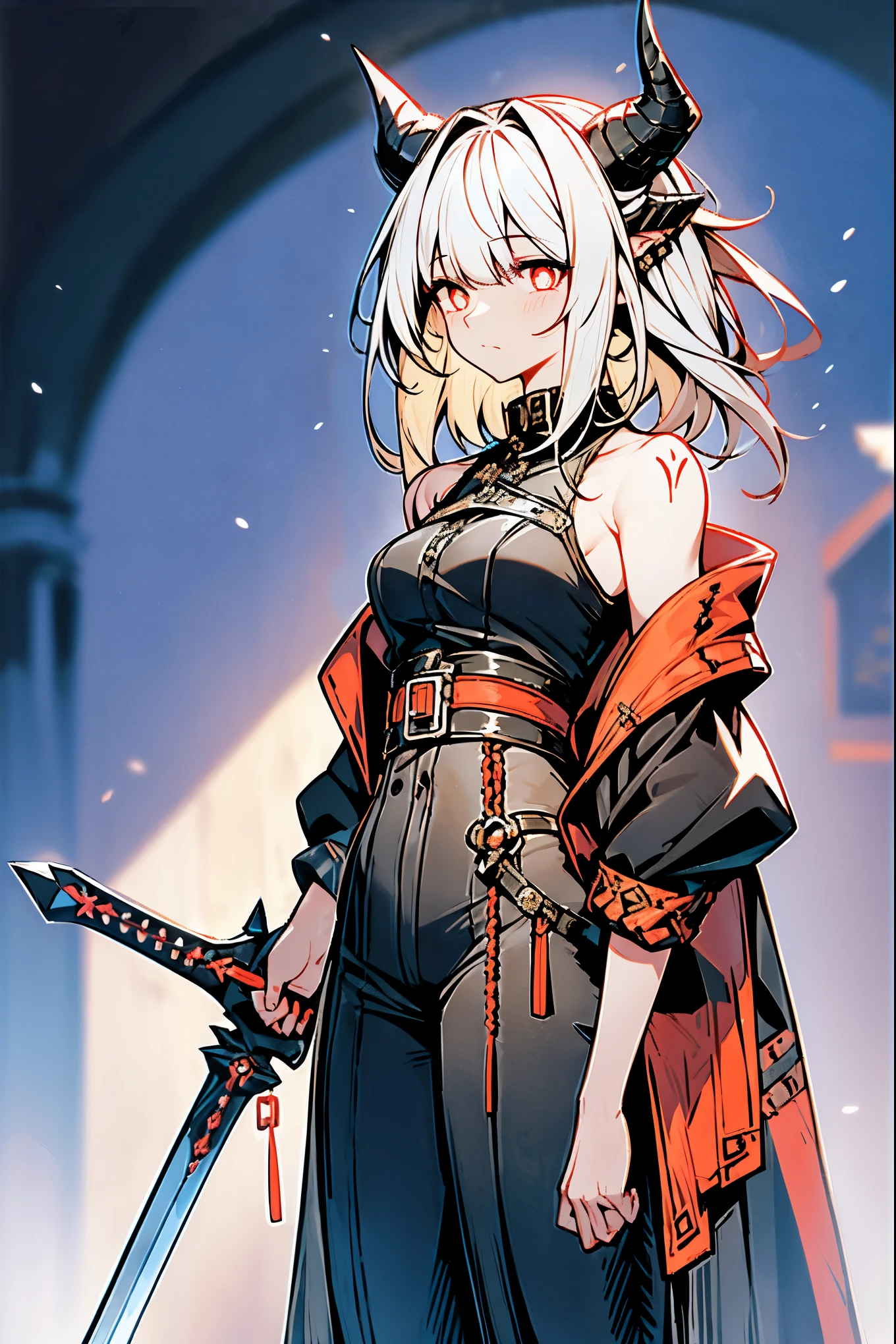 game《Tomorrow's Ark》, pictured,female,About 1.65 meters,Flat chest,Black hair and black pupils,There is a pair of horns on the head,Race is an agent in Vaivan,holding a big sword with a strong sense of technology, loose clothes, loose pants,black and white costume,Yan Guo style