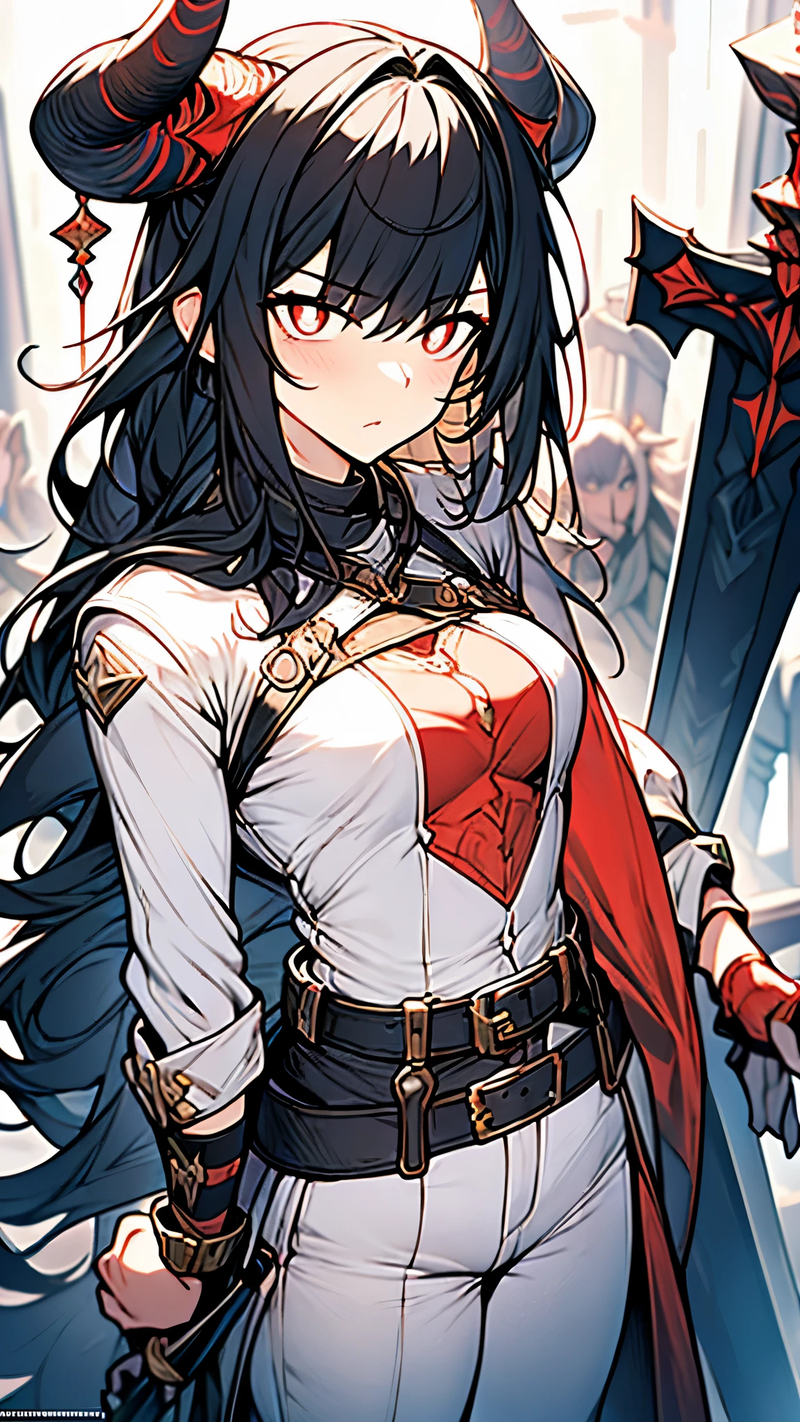 game《Tomorrow's Ark》, pictured,female,About 1.65 meters,Flat chest,Black hair and black pupils,There is a pair of horns on the head,Race is an agent in Vaivan,holding a big sword with a strong sense of technology, loose clothes, loose pants,Black and white color