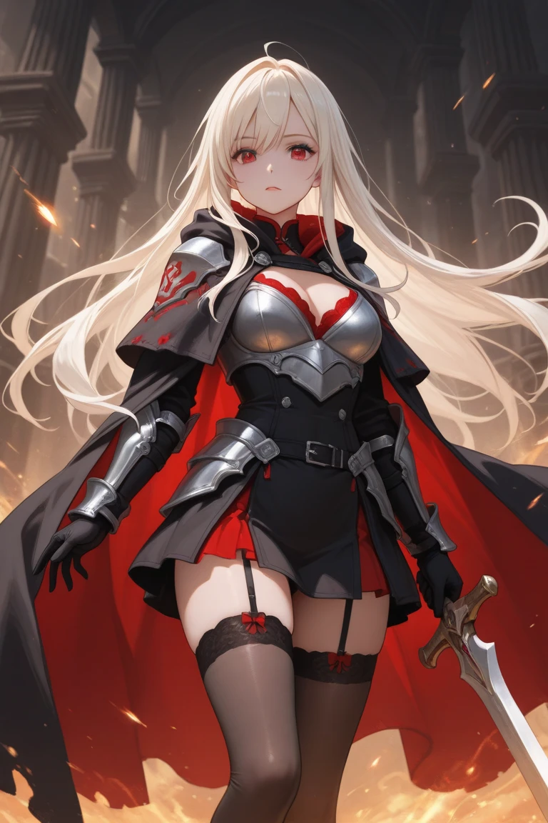 masterpiece, best quality, 1girl, Nakiri Ayame, <lora:Char_VTuber_NakiriAyame:1>, prothestic leg, single mechanical arm, prosthesis, armor, cape, brown dress, <lora:Char_EldenRing_Malenia:1>, sword, holding sword, red eyes,