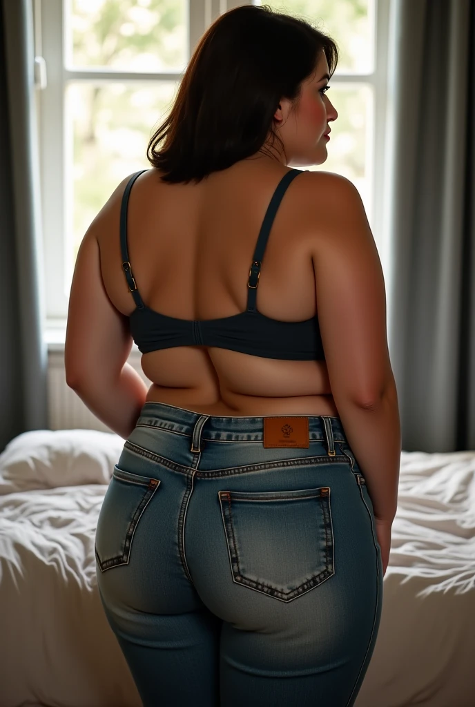 A large woman with a defined body, light brown wavy hair showing her big ass in tight jeans, the view is from below to above her big ass