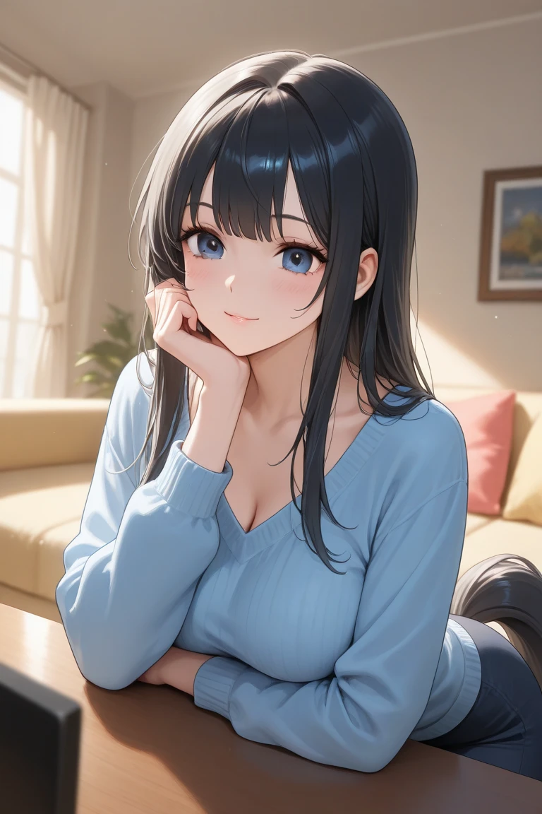 (table top, highest quality、high detail:1.1、Very attractive adult beauty、Adds intense highlights to the eyes、Beautiful woman full of adult charm、perfect anatomy、I hear a silver voice、long hair、shiny hair、lip gloss),1 girl, alone, realistic、Please tilt your head slightly, short and shiny hair、  knit sweater、Big eyes、eyelash、face is a little red、embarrassing)、Big eyes、Give students very powerful highlights、(huge breasts:1.4}、very big breasts、very beautiful beauty、please show me your ears、long neck、smile a little、beautiful teeth、open your mouth and smile、heart shaped eyes))、28 years old、very cute super model、