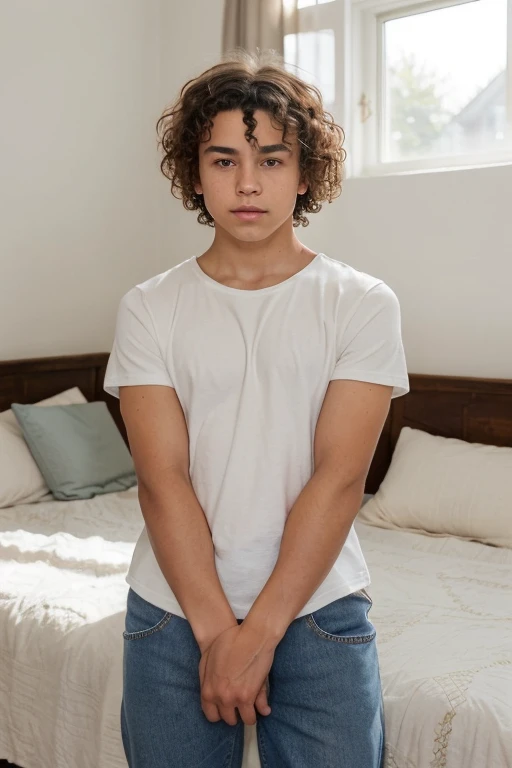 Generate an image of a confident dark-haired teenage boy with curly short hair, naked and showing his boner dick showcasing a unique and empowering style.