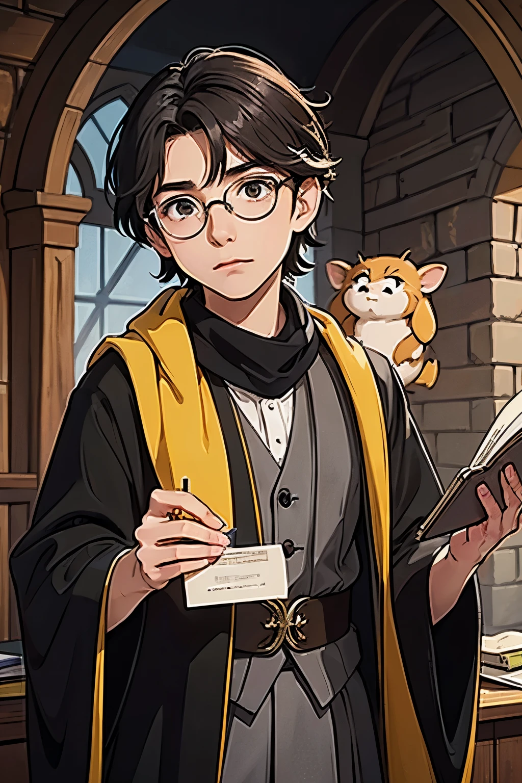 A young male wizard student from Hufflepuff at Hogwarts, in anime/manga style. He has pale skin, vibrant green eyes, dark brown messy hair, and wears round glasses. He is dressed in a classic Hufflepuff school uniform with a slightly crooked yellow-and-black scarf. He holds a wooden wand in one hand and a small yellow notebook in the other. A tiny magical silver rat with black eyes peeks out of his robe pocket. The background shows the warm, enchanted halls of Hogwarts. The character has a curious and kind expression, with a touch of mischief, as if he's about to test a new spell.