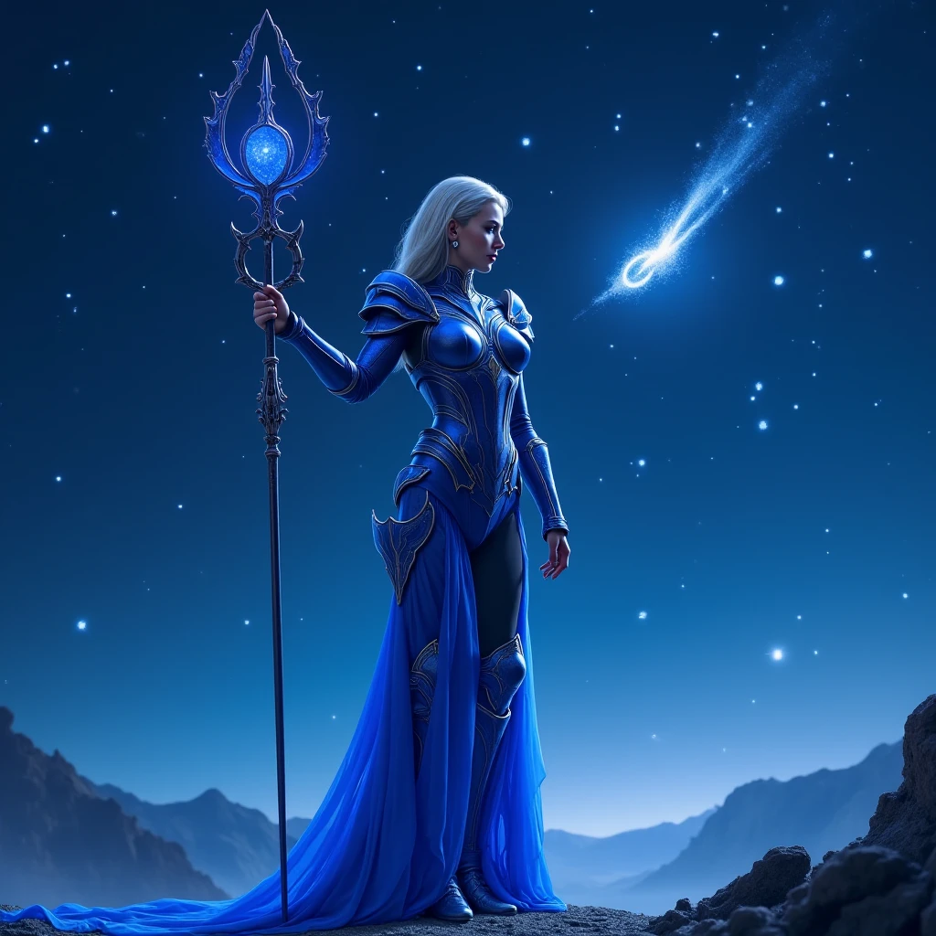(1 sublime warrior girl) with a ( black tiara), long blond hair, (big blue eyes), perfect face. (perfect body), (perfect tits). she looks at the camera smiling sensually. she wears a beautiful (black armor), (finely crafted), (adorned with rubies) and glowing runes).  (massive armor) and tight-fitting sculpts her perfect body.  she sits at the (cave entrance) (overlooking a valley:1.5) of (turquoise jungles and waterfalls). a (supernova:1.3) explodes in the (dark night:1.5). (darkness), (sharp image), (photorealistic), (highly detailed), (4k), (naked Armor)