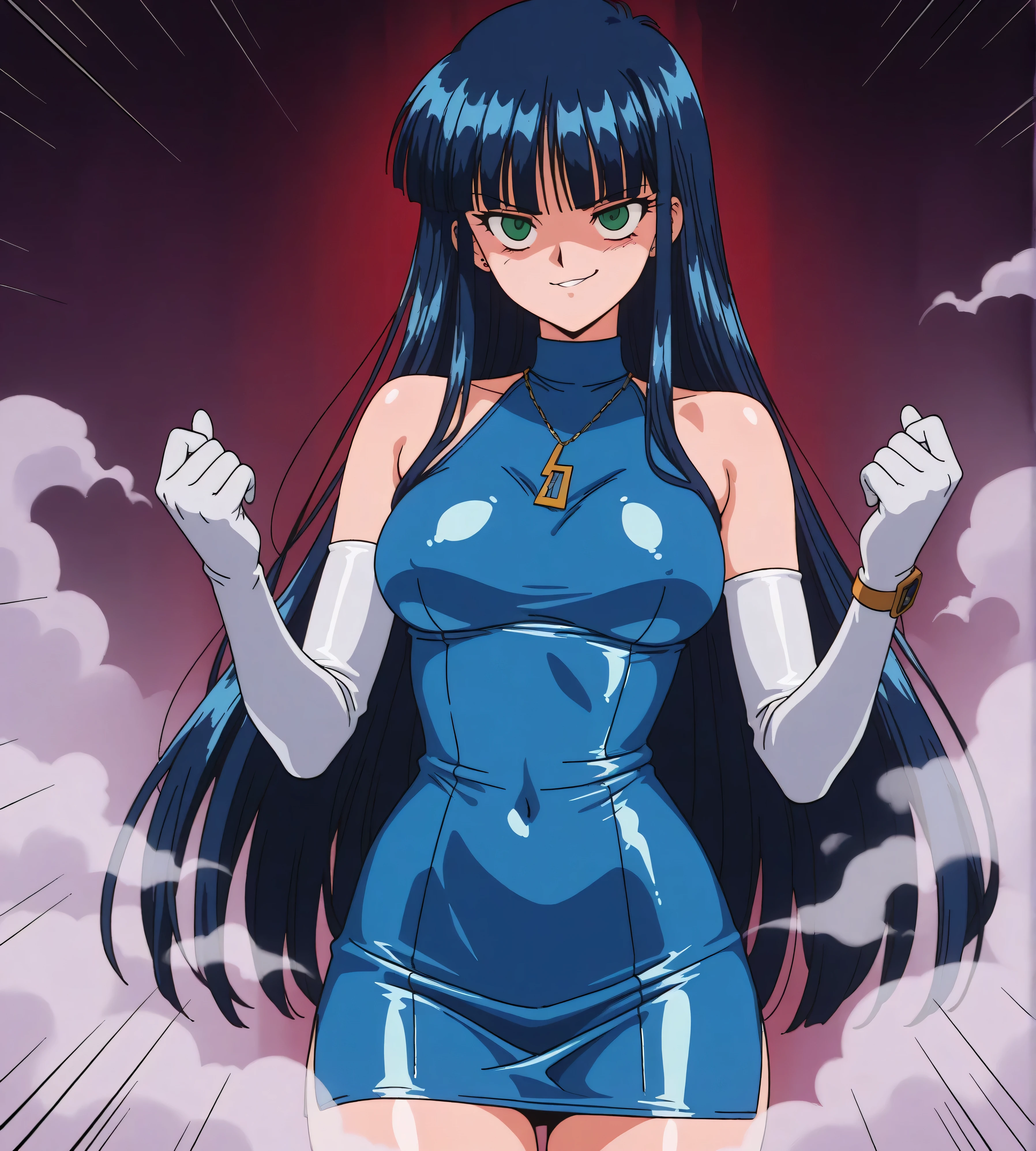 1990s anime cels style, best quality, high resolution, big eyes, 1girl, smile, large breasts, long hair, blue hair, cowboy shot, white uniform, hat, black skirt, gray kneesocks, white gloves
