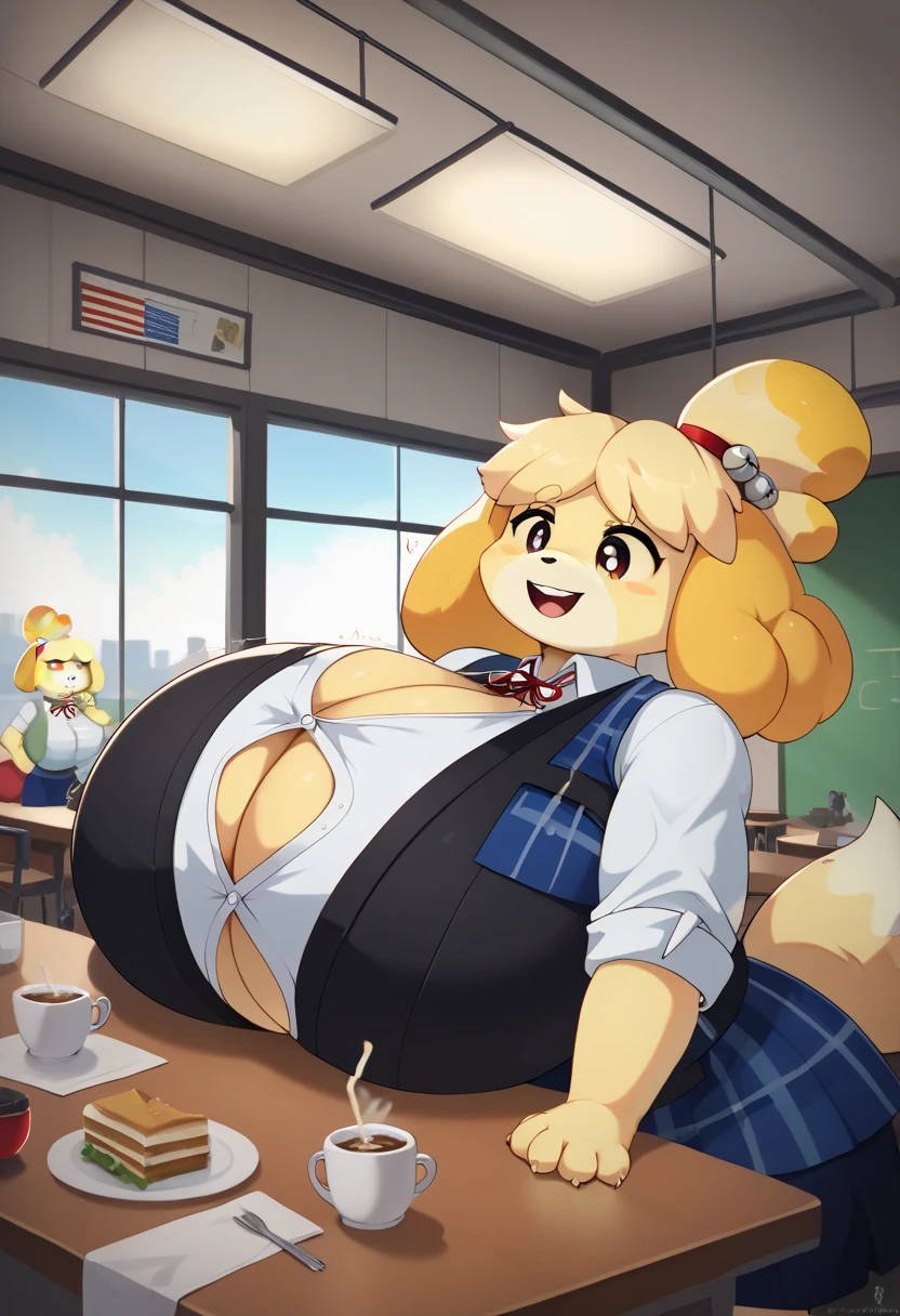 (huge breasts:1.4)(masterpiece) (high quality) (best quality) (1girl), (solo), narrow waist, (looking at viewer), Isabelle (Animal Crossing), tight white shirt, business skirt, stockings, garter straps, circular glasses, business office, night, arms under breasts