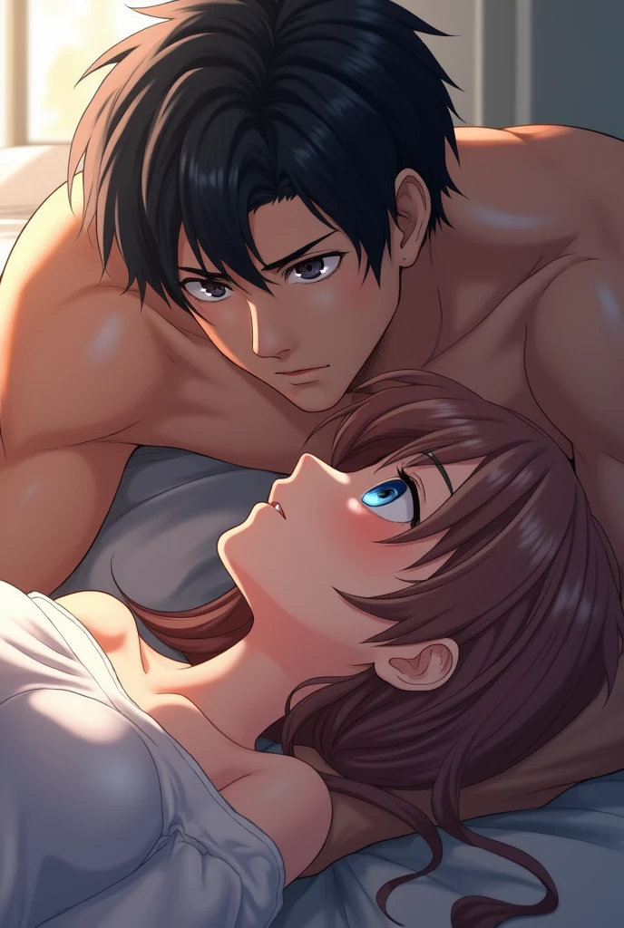 in 8K、top-quality、masterpiece、ultra-detailliert、超A high resolution、Two men and two women、natta、Love hotel rooms、on the beds、Short bob cut、fullnude、No Underwear、Face uplifted、Iki face、Drunken eyes、Sexual with a man、insertion、Normal bit