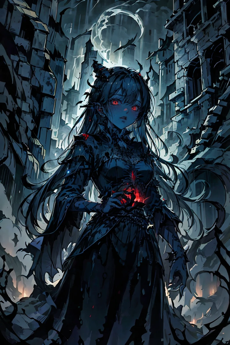 (a girl with) Aura-like gothic lighting, realistic Gothic-style artwork, detailed skeleton impaling itself with a sword in the neck, dark atmospheric background, high-res masterpiece:1.2, ultra-fine painting, professional, vivid colors