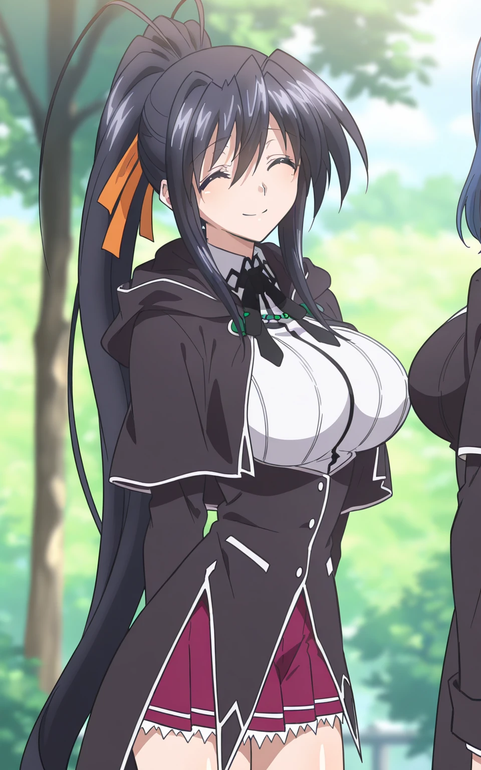 masterpiece, detailed, hgsdxd artstyle, 1girl, solo, himejimaakeno, long hair, smile, skirt, large breasts, black hair, ribbon, hair between eyes, very long hair, closed eyes, kuougakuen uniform, hair ribbon, raihenxx body, ponytail, capelet, high ponytail, standing, (cowboy shot), ^_^, indoors, window, day, looking at viewer, <lora:hgsdxd-nbai:1>