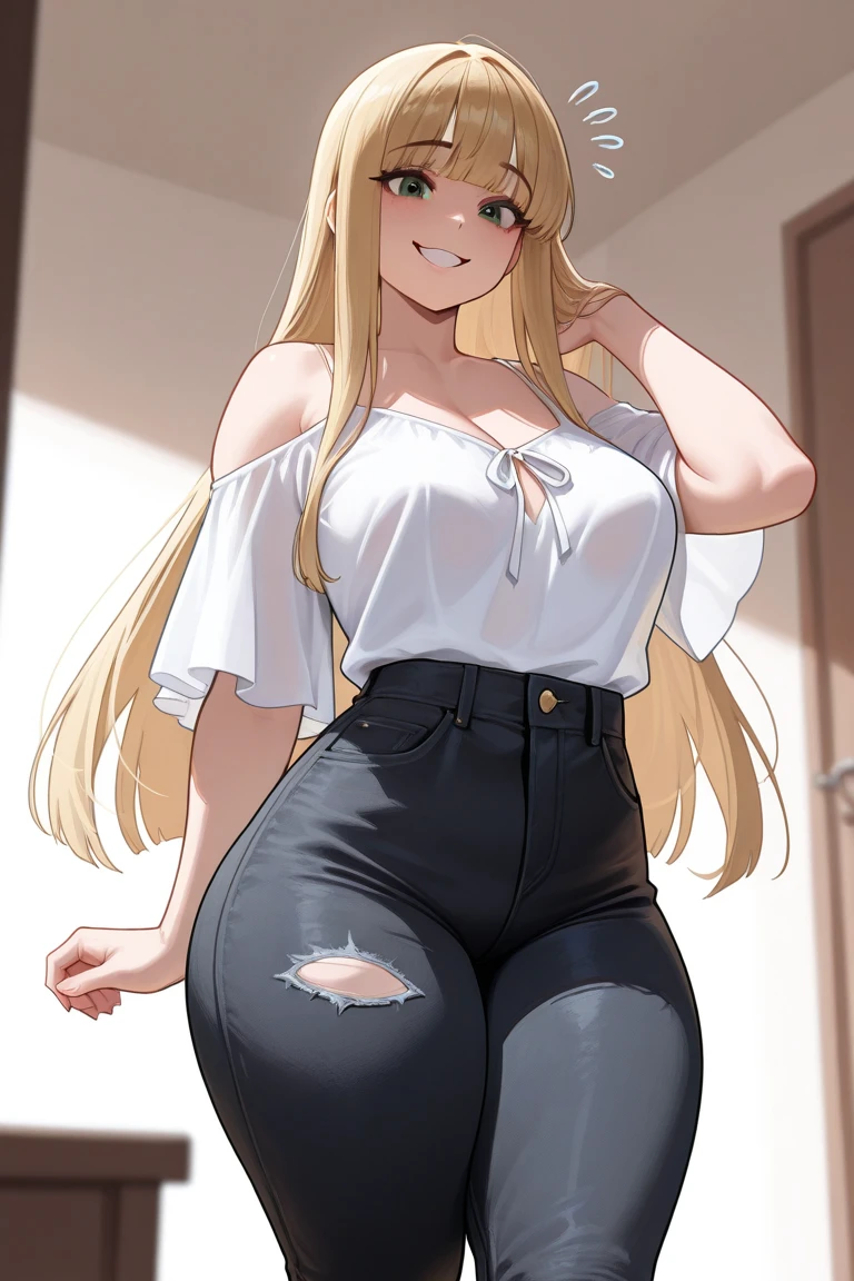 1girl in, Solo, Standing, full bodyesbian, fullllbody, frontage, full bodyesbian, a blond, Golden hair, Kim hair, Long hair, Curly hair, (Blunt bangs:1.2), Gold eyes, Looking at Viewer, Choker, White shirt, White shorts, Short shorts, white thighhig, white stockings, (Skindentation:1.2), Curve, nedium breasts, Covered , (White background, Simple background:1.4), wlsdnjs950, (dense lines:1.2),
