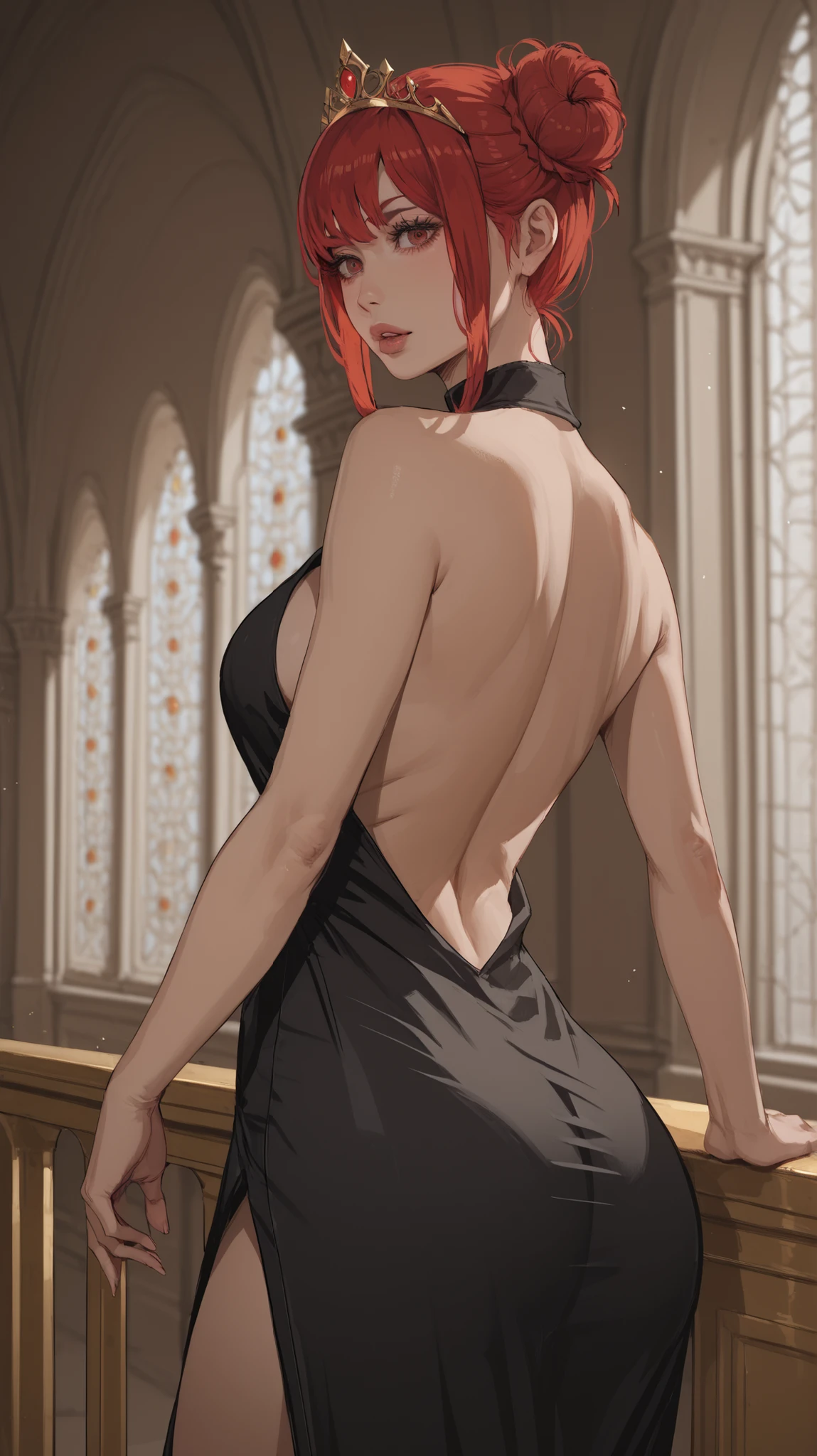 1 girl, red hair double bun, bangs, red eyes, thin eyes, full lips, voluptuous, thick thighs, black loose backless silk dress with gold details, tiara, castle interior