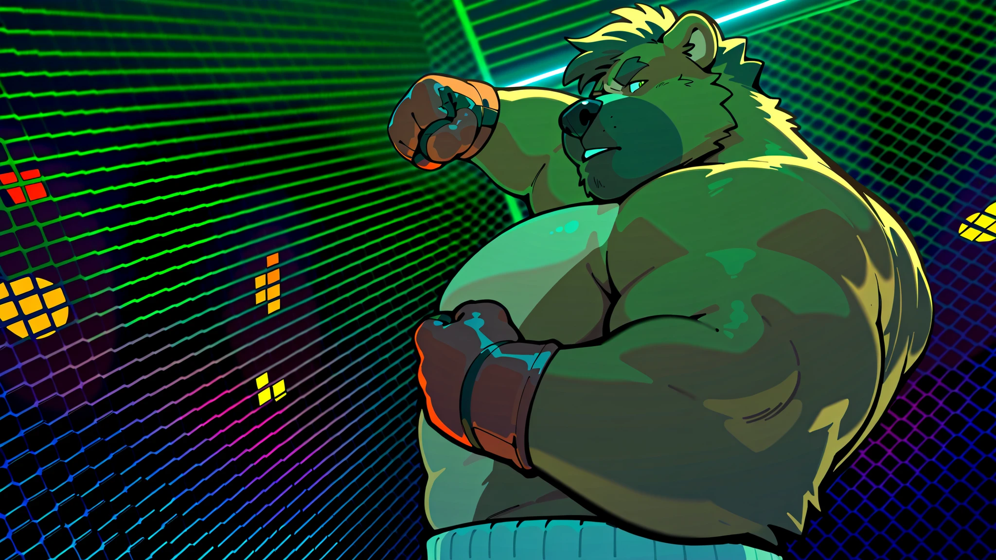 Huge muscular thick brown fur Kodiak Bear bodybuilder, shirtless, in black MMA shorts with red slits, MMA gloves with red pads, training hard for the MMA tournament. Punching and kicking workout. Champion.