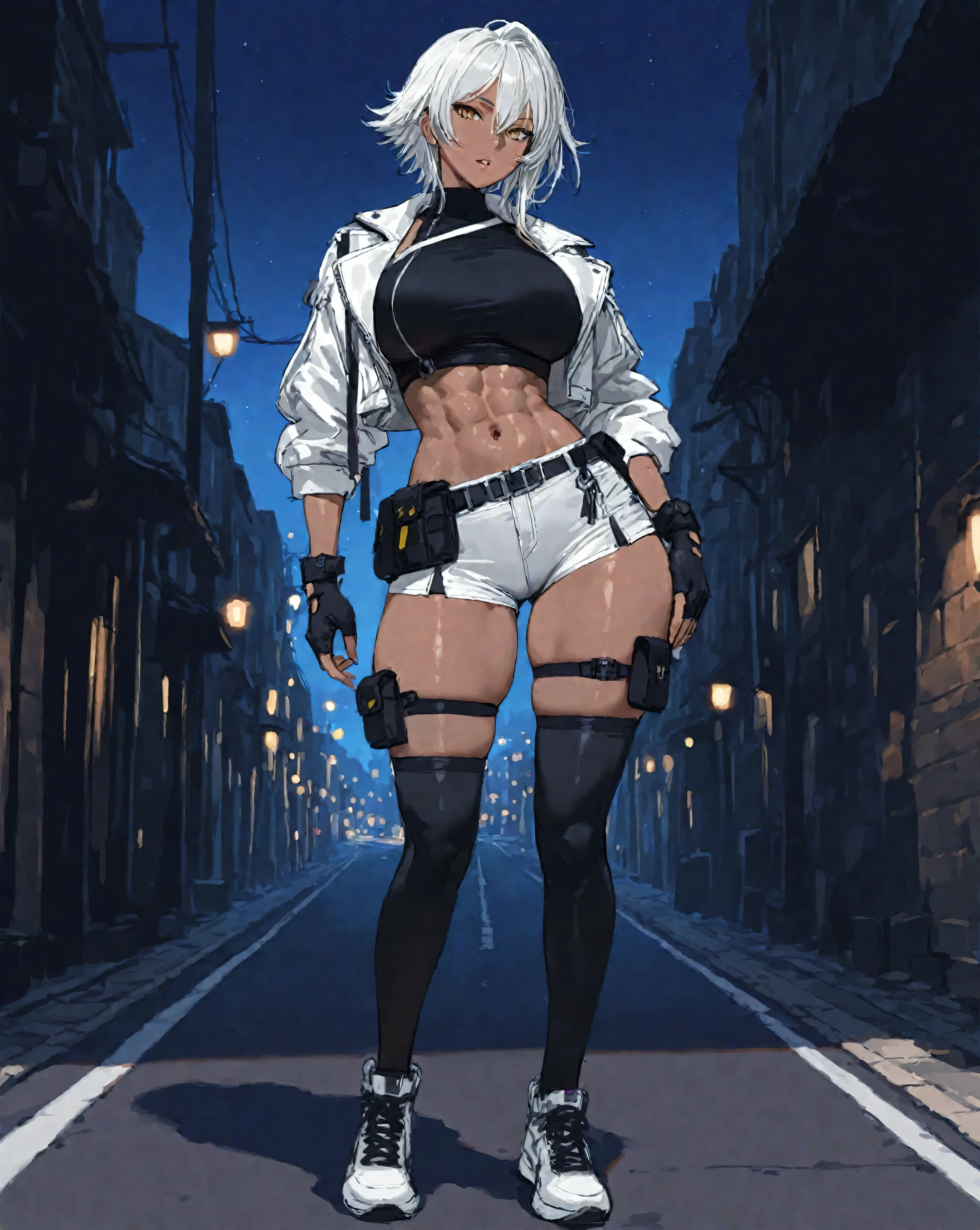 detailed portrait of a beautiful woman, 1girl, (AngelMS:1.4), cute, midriff, opposite side, looking at viewer, (cleavage), cropped jacket, best quality, 4k, 8k, highres, masterpiece:1.2, ultra-detailed, URBAN SAMURAI