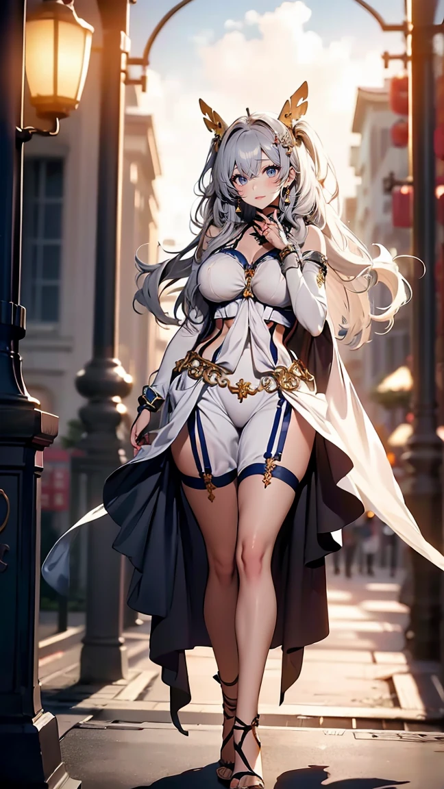 Woman knight、a beauty girl、huge tit、Excellent style、Nice Buddy、glamorous、leotard、s Armor、Shoulder rest armor、Bra chest armor、knee boots、gauntlets、hair adornments、silber hair、Longhaire、Ahoge、is standing、full body seen 、Medieval city、Walking、slightly open mouth、a smile、