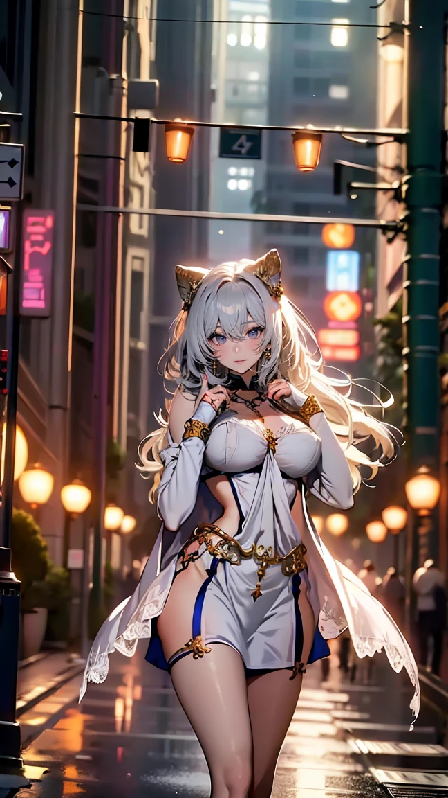 (((shylily))) , (masterpiece, best quality, Super detailed:1.3), perfect composition, 4K, (Very detailed, Super detailed), soft light, raw, high dynamic range, 8k texture, Extreme details, Highly detailed skin textures, Epic details, high definition, 1 girl, (delicate eyes:1.3), (18 year old girl:1.3), (skinny), (big breasts), small, on the street, public;in public, night street, night light, neon lights, Japanese cartoons, illustration