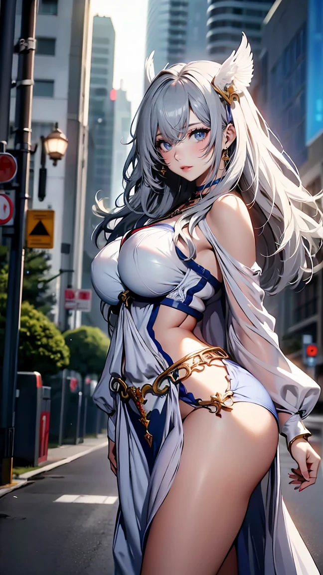 (8k, best quality, masterpiece: 1.2), 1girl, headwear, portrait, (long loose silver strapless dress: 1.1), necklace, squatting, thighs, blue nails, cute, cityscape, night, rain, wet, professional lighting,photon mapping,radiosity , physical rendering,(mature women:1.1), (exquisite and detailed, tight clothes, hair accessories:1.2),