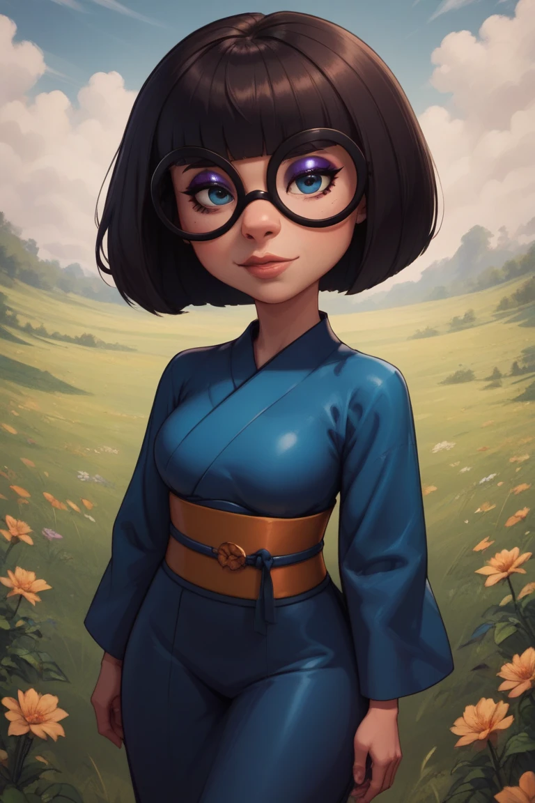 Edna mod. front view,  thoracic.  latex,  baby bodysuit , curvy hips, большой , giant ass , hair with locks, eyeshadow, huge ,  baby bodysuit , on a flower field,  glove belt, duration, curved body, kimono, open clothes , short joint, short stature, neckline, breasts fall out