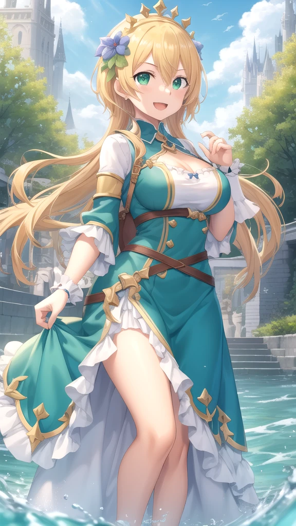 Valeria, a titanic 58-meter goddess, rises from a cliff at dawn, her bronze skin glistening in the first rays of the sun. Her golden, wavy hair cascades down her back and shoulders. Standing on a vast plain, her posture is firm and provocative, one leg slightly forward and one hand resting on her hip. Her piercing, lustful eyes watch the people at her feet, captivated by her magnetic presence. Her lips curl into a seductive smile and her divinely sculpted body exudes an aura of overwhelming eroticism, casting a spell of desire and adoration over all who gaze upon her.