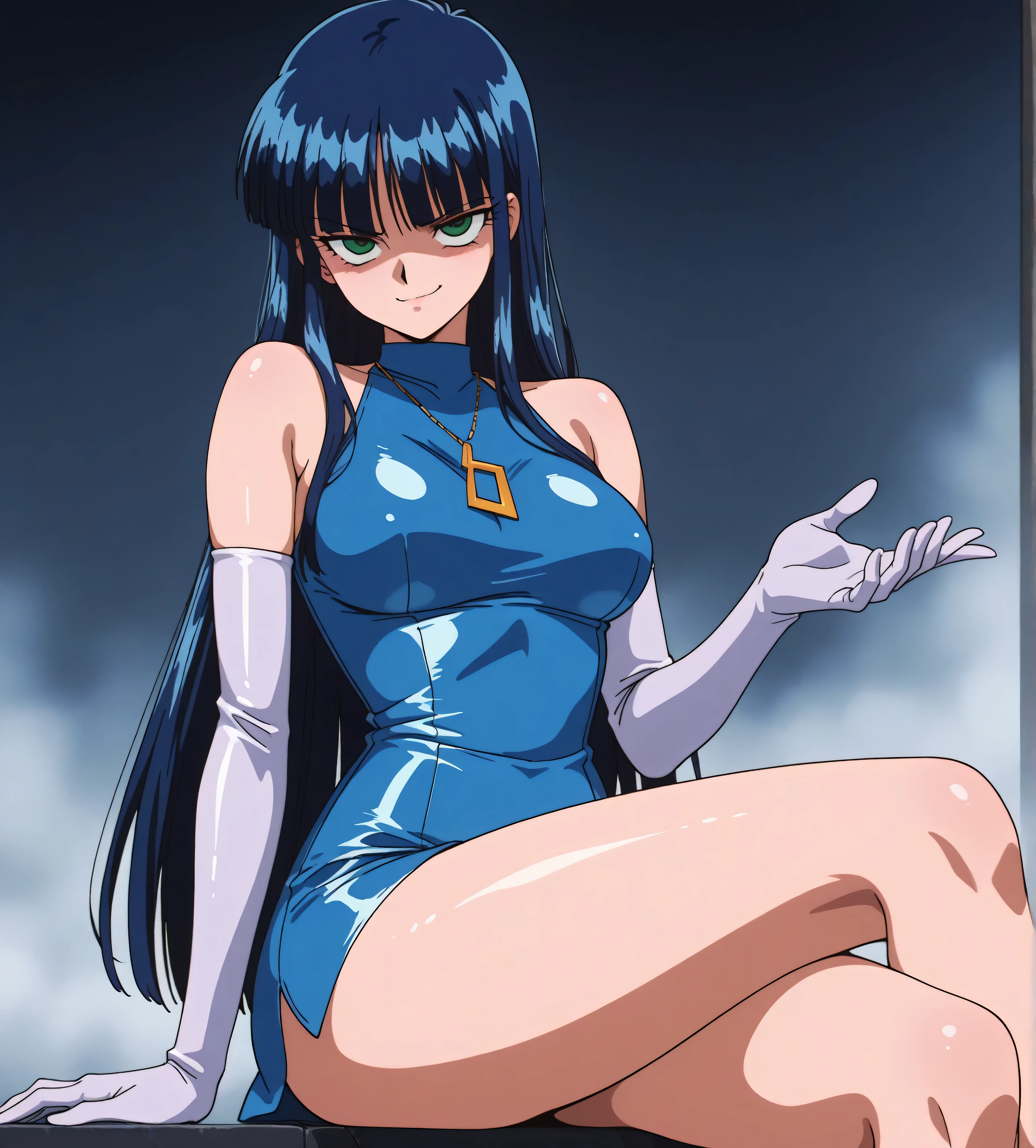 masterpiece, best quality, very aesthetic, absurdres,
huracanv3,
1girl, solo, looking at viewer, full body,
outdoors, night,
dark blue hair, long hair, wavy hair, parted bangs,,
blue eyes, tsurime, thick eyelashes,
closed mouth, serious,
blue bodysuit with trim, bare arms,
(((Mature woman, MILF))), 
<lora:HuracanV3:1>
